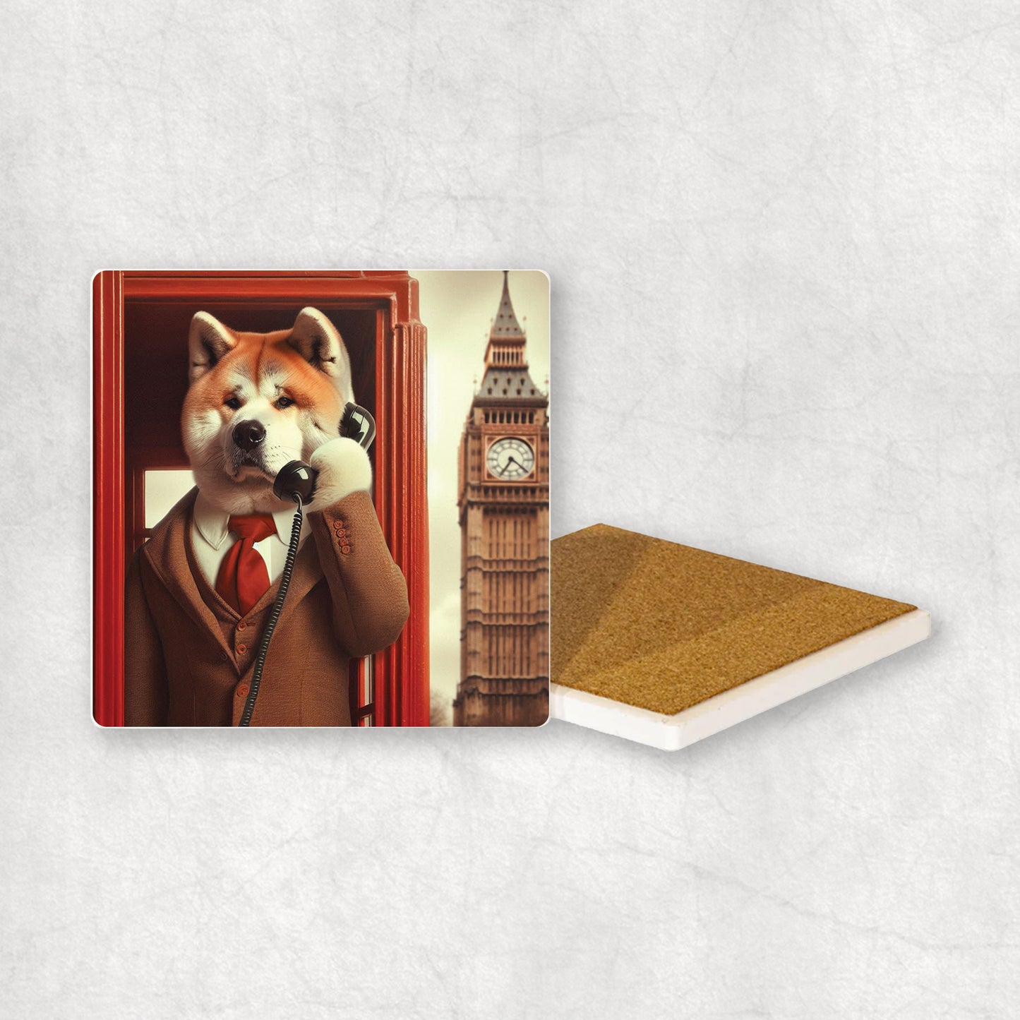 An Akita dog wearing a suit talks on the telephone in a red telephone booth in London with Big Ben in the background.