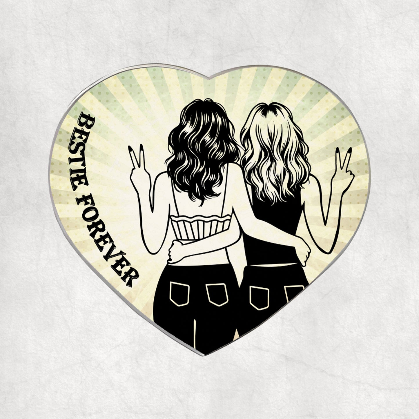 Heart-shaped metal magnet with two ladies hugging and 'Bestie Forever' text on a light vintage background