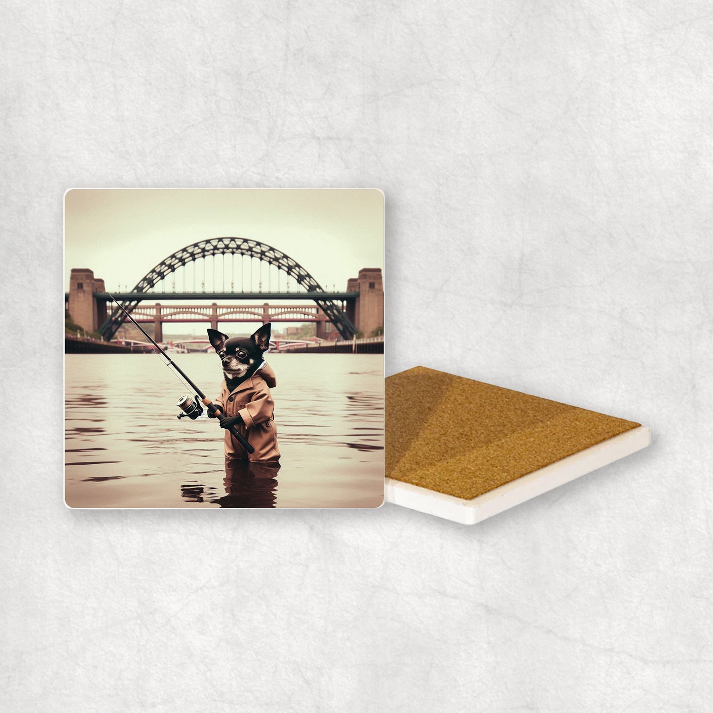 Ceramic Coaster gift with a Black Chihuahua dog design, dressed in an Angler costume, fishing in the Tyne river, with Newcastle bridges in the background.