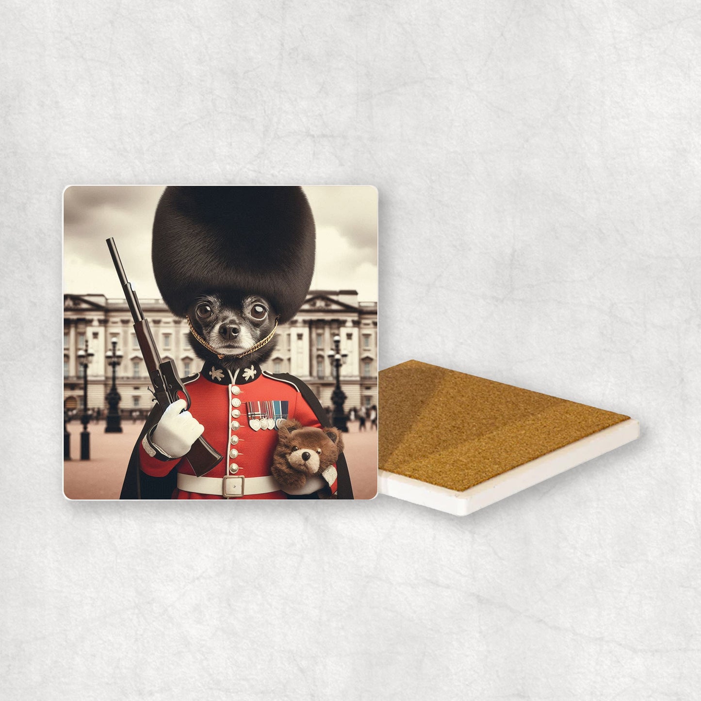 Ceramic Coaster gift with a Black Chihuahua dog design, wearing British guard costume with Buckingham Palace in the background.