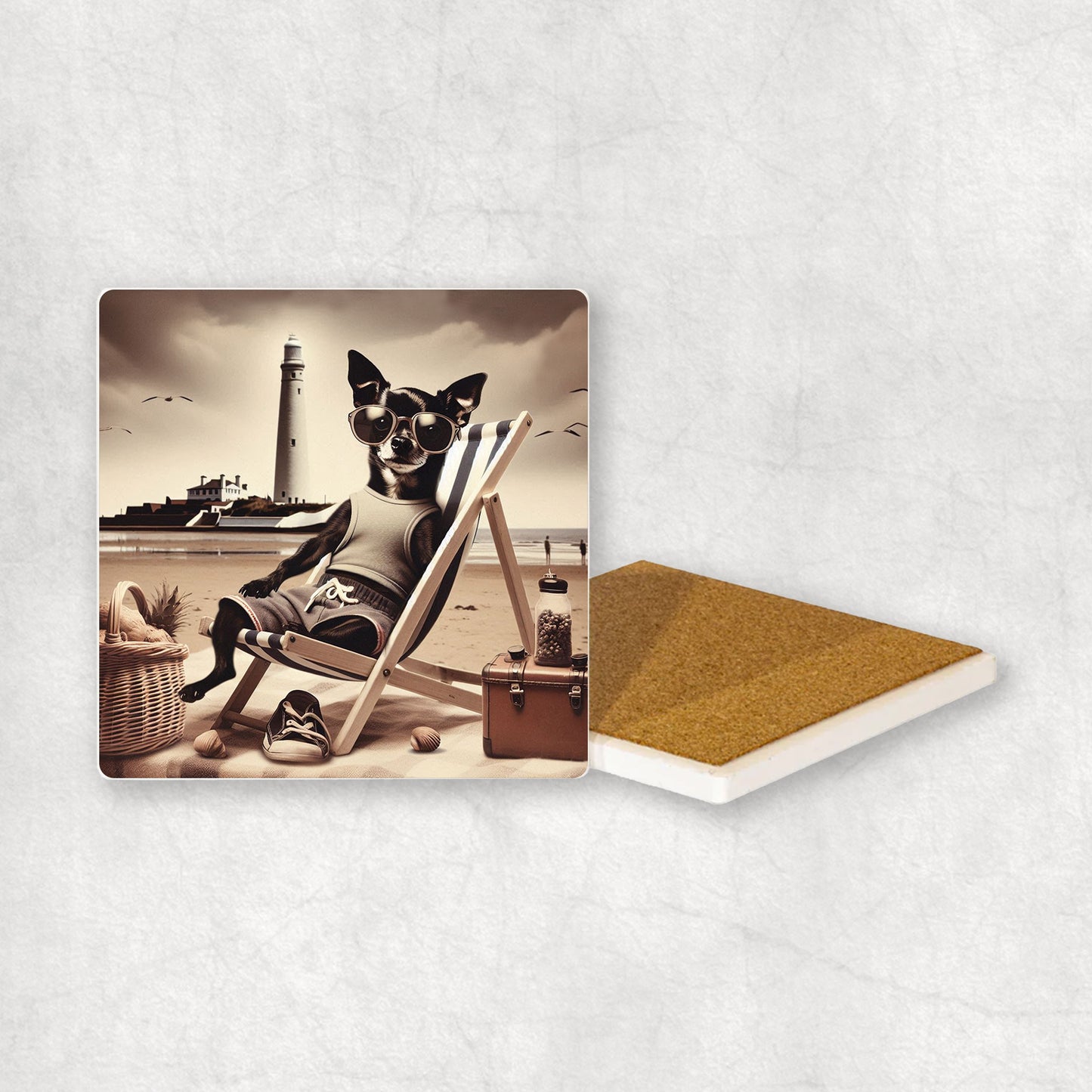 Ceramic Coaster gift with a Black Chihuahua dog design, wearing shorts, relaxes on a beach lounger at Whitley Bay with a lighthouse in the background.