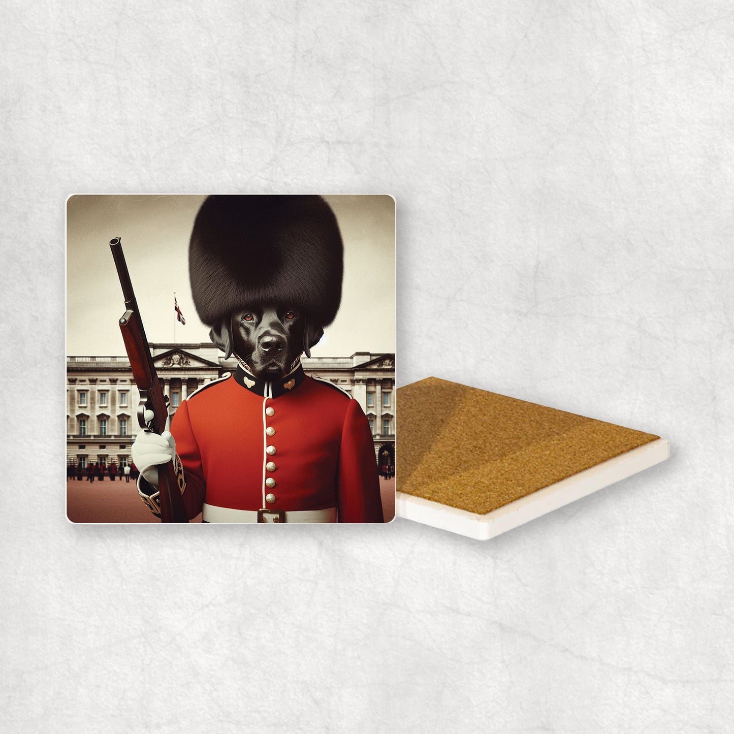 Ceramic Coaster gift with a Black Labrador dog design, wearing British guard costume, holding a gun in its paw, with Buckingham Palace in the background.
