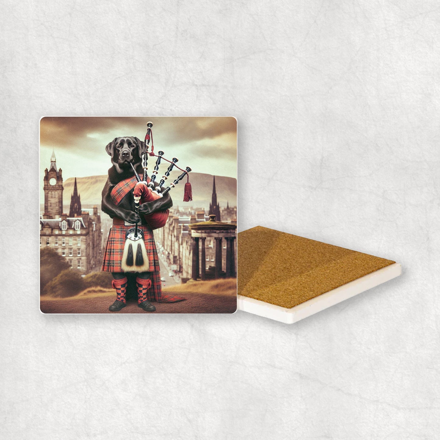 Ceramic Coaster gift with a Black Labrador dog design, dressed in traditional Scottish costume, playing the bagpipes, with Edinburgh in the background.