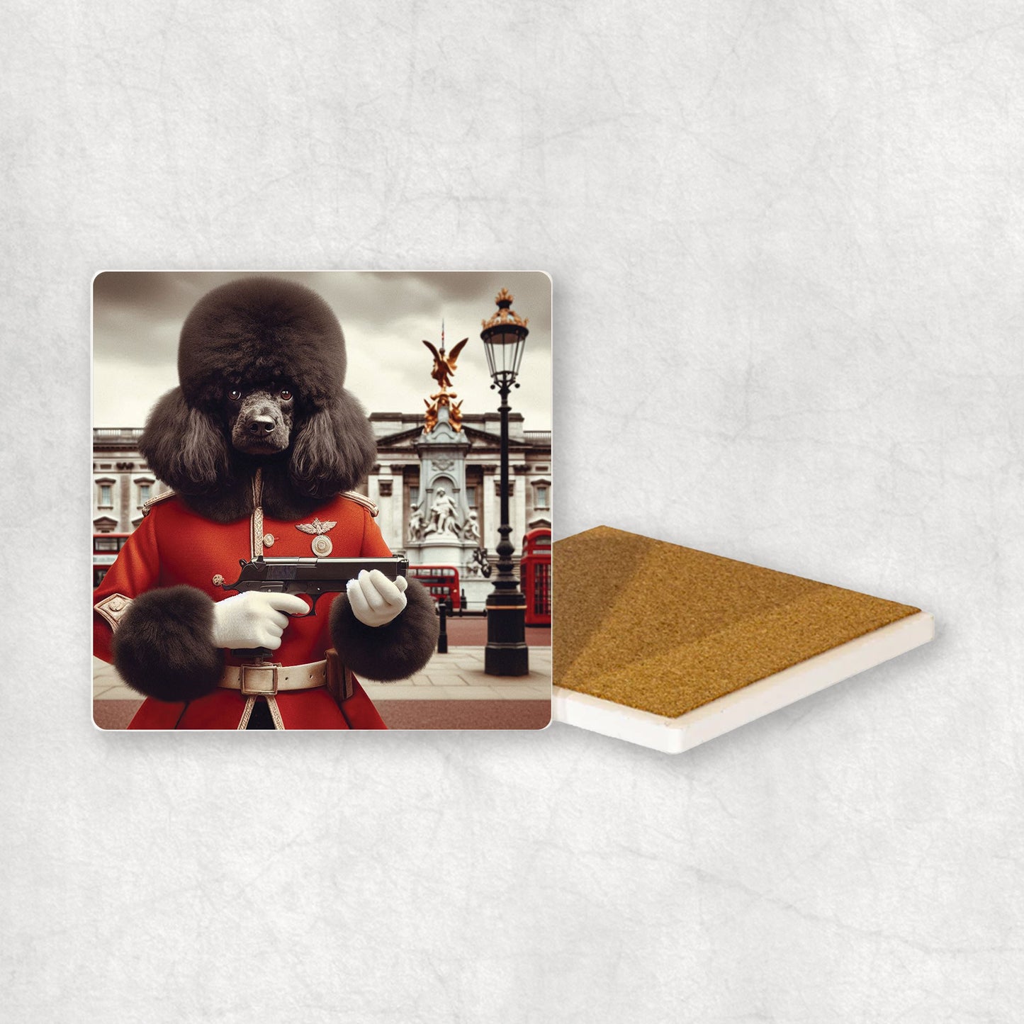Ceramic Coaster gift with a Black Poodle dog design, wearing British guard costume, holding a gun, with Buckingham Palace in the background.