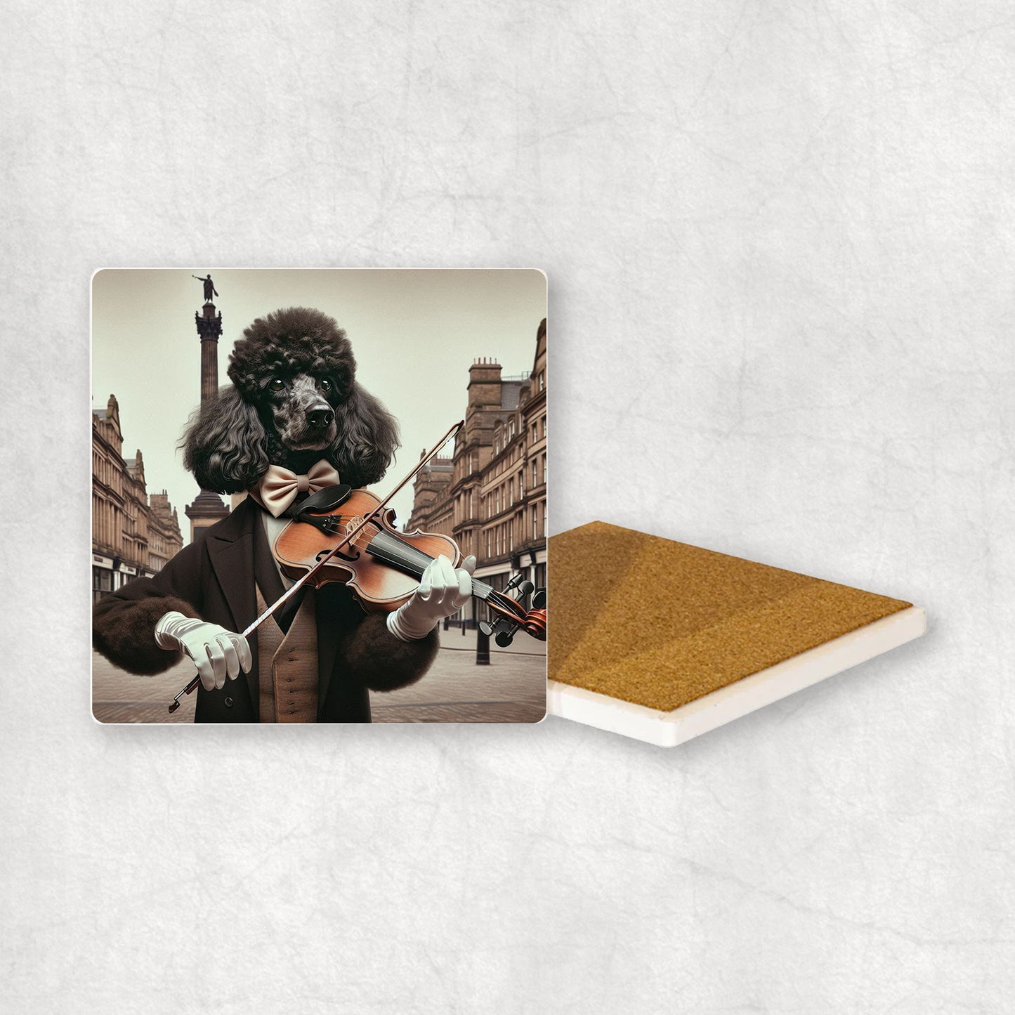Ceramic coaster gift with a Black Poodle dog design, wearing a suit, playing the violin, with a beautiful city centre in the background.