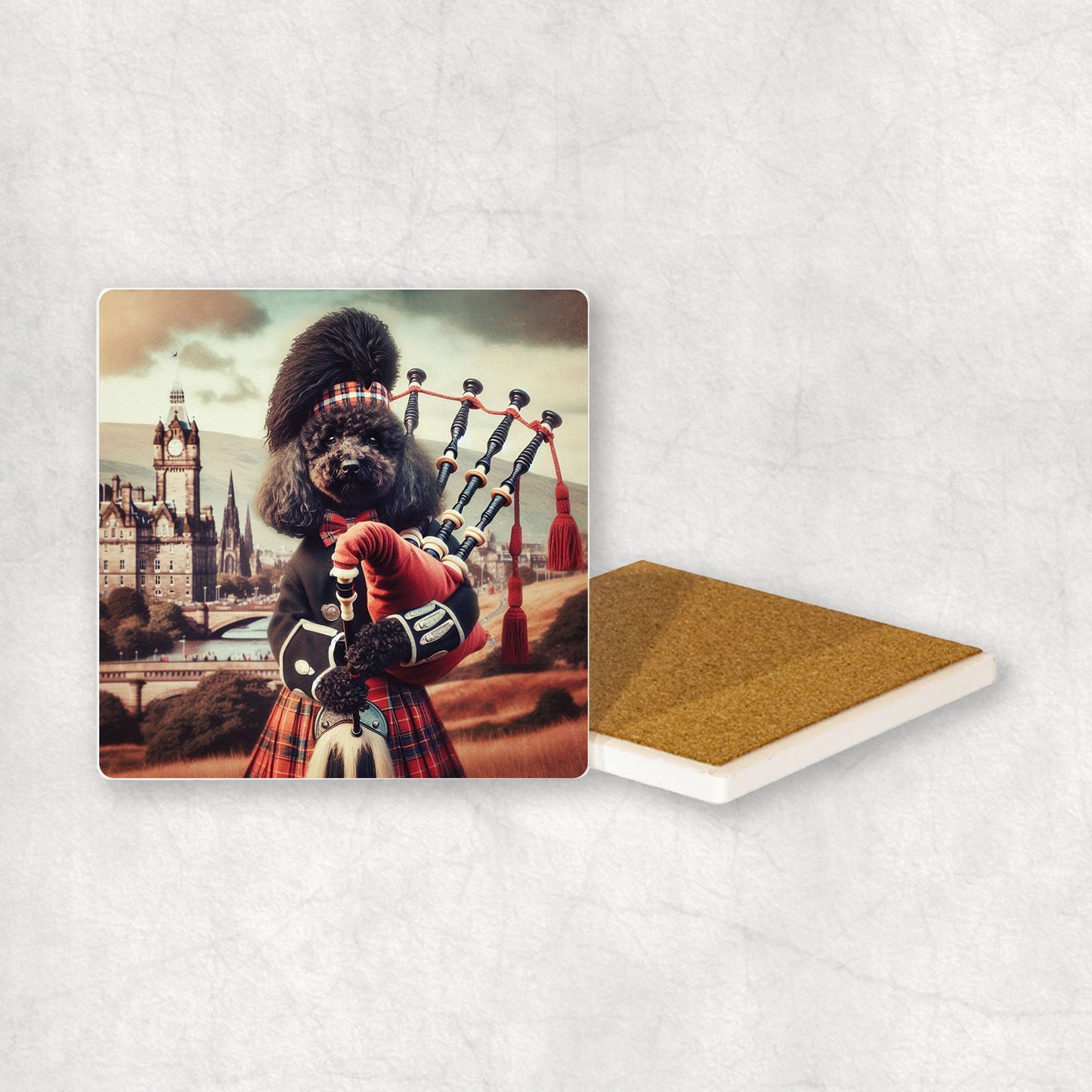 Ceramic Coaster gift with a Black Poodle dog design, dressed in traditional Scottish costume, playing the bagpipes, with Edinburgh in the background.
