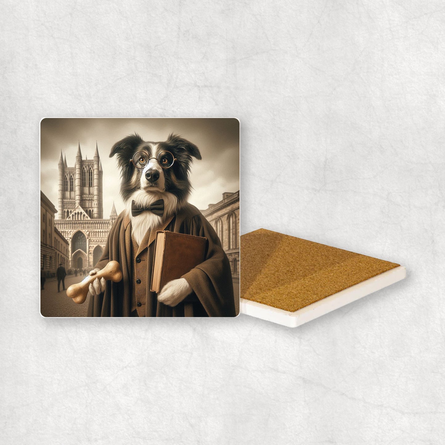 Ceramic Coaster gift with a Border Collie dog design, wearing a student's gown, glasses, and the university in the background.