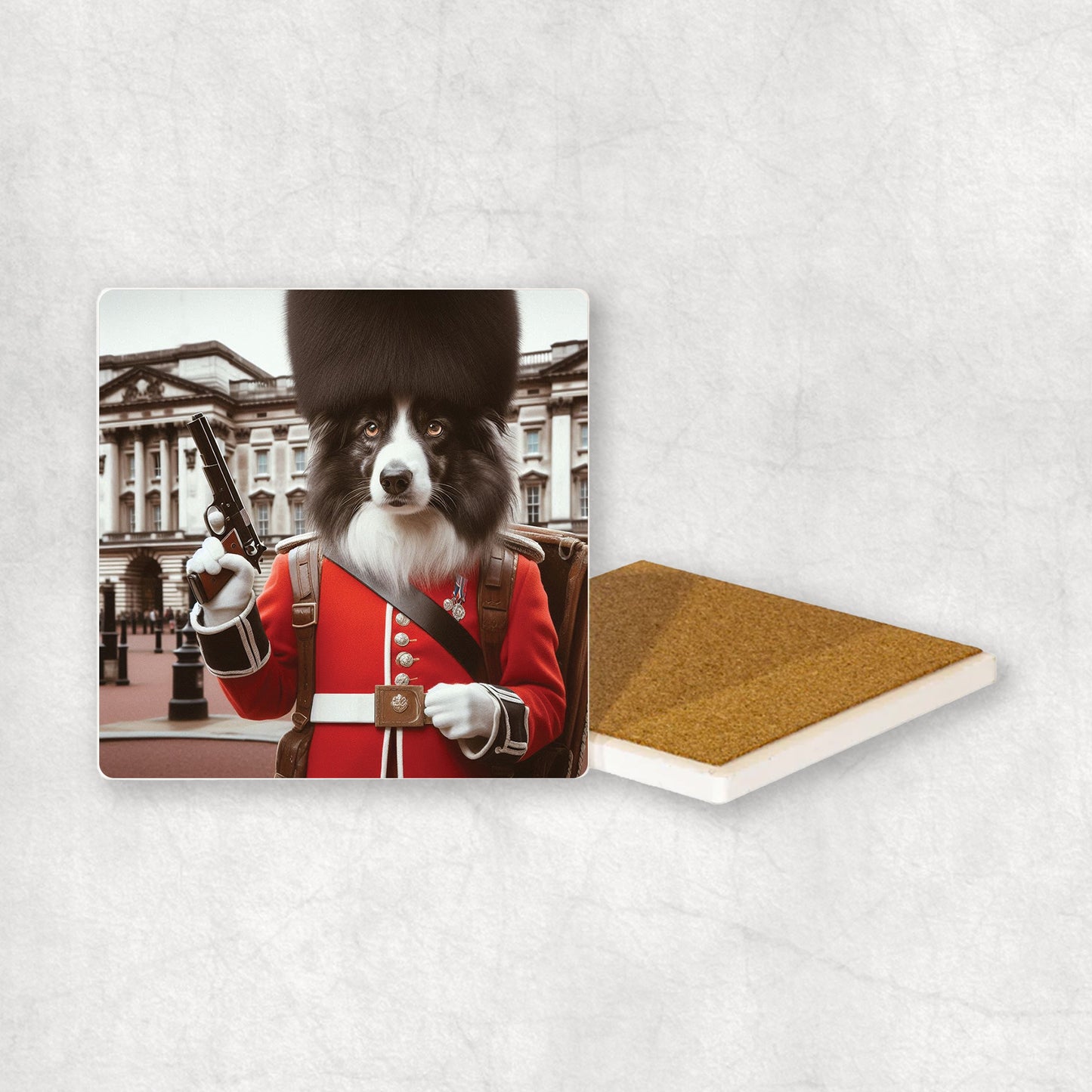 Ceramic Coaster gift with a Border Collie dog design, wearing British guard costume with Buckingham Palace in the background.