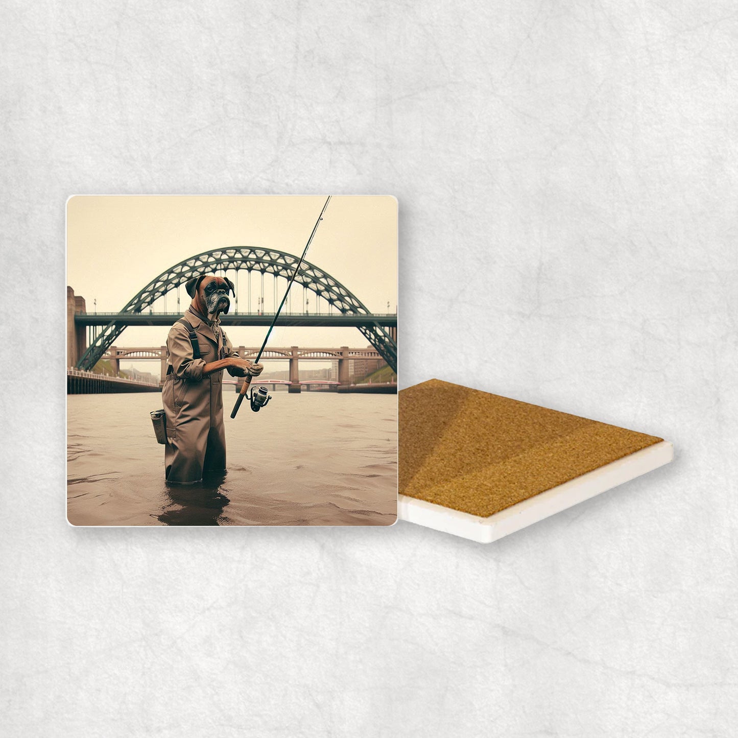 Ceramic Coaster gift with a Boxer dog design, dressed in an Angler costume, fishing in the Tyne river, with Newcastle bridges in the background.
