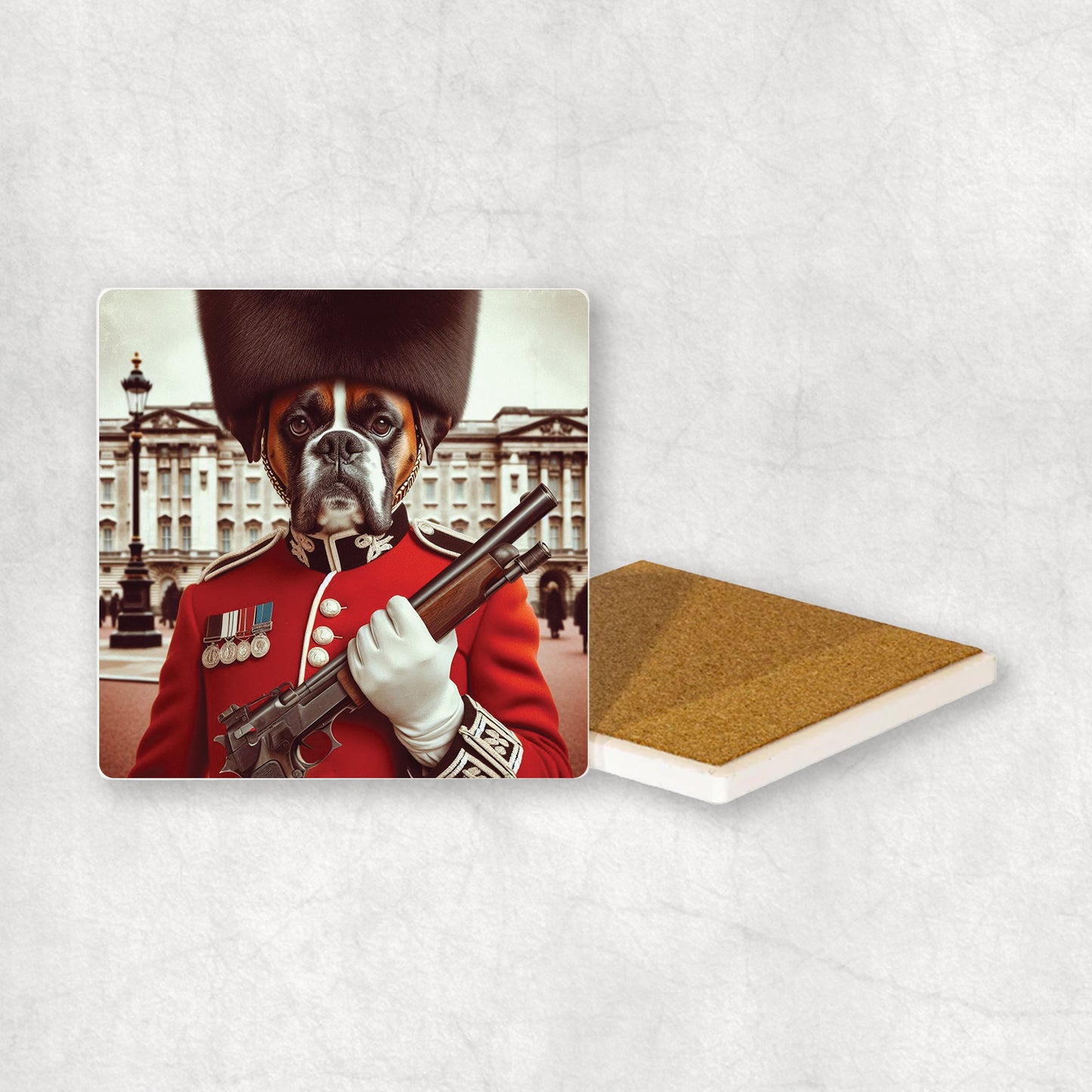Ceramic Coaster gift with a Boxer dog design, wearing British guard costume, holding a gun, with Buckingham Palace in the background.