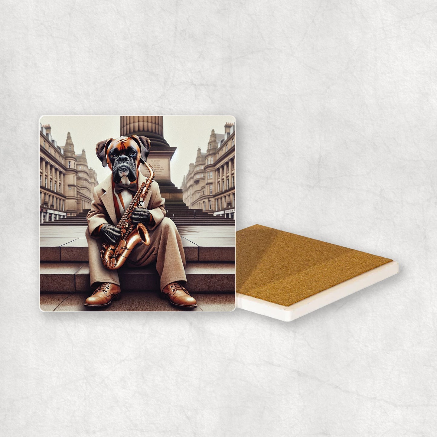 Ceramic Coaster gift with a Boxer dog design, dressed in an elegant suit, sitting on the stairs and playing the saxophone, with a beautiful city centre in the background.