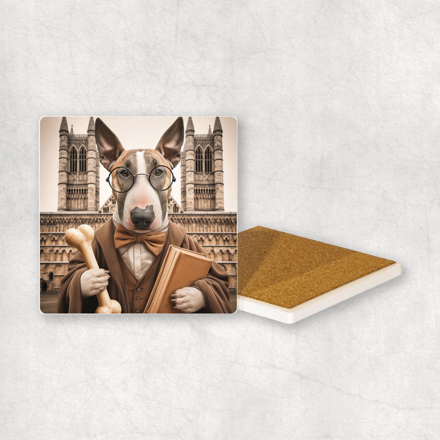Ceramic Coaster gift with a Bull Terrier dog design wearing a student's gown, glasses, holding a bone in its paw, with the university in the background.