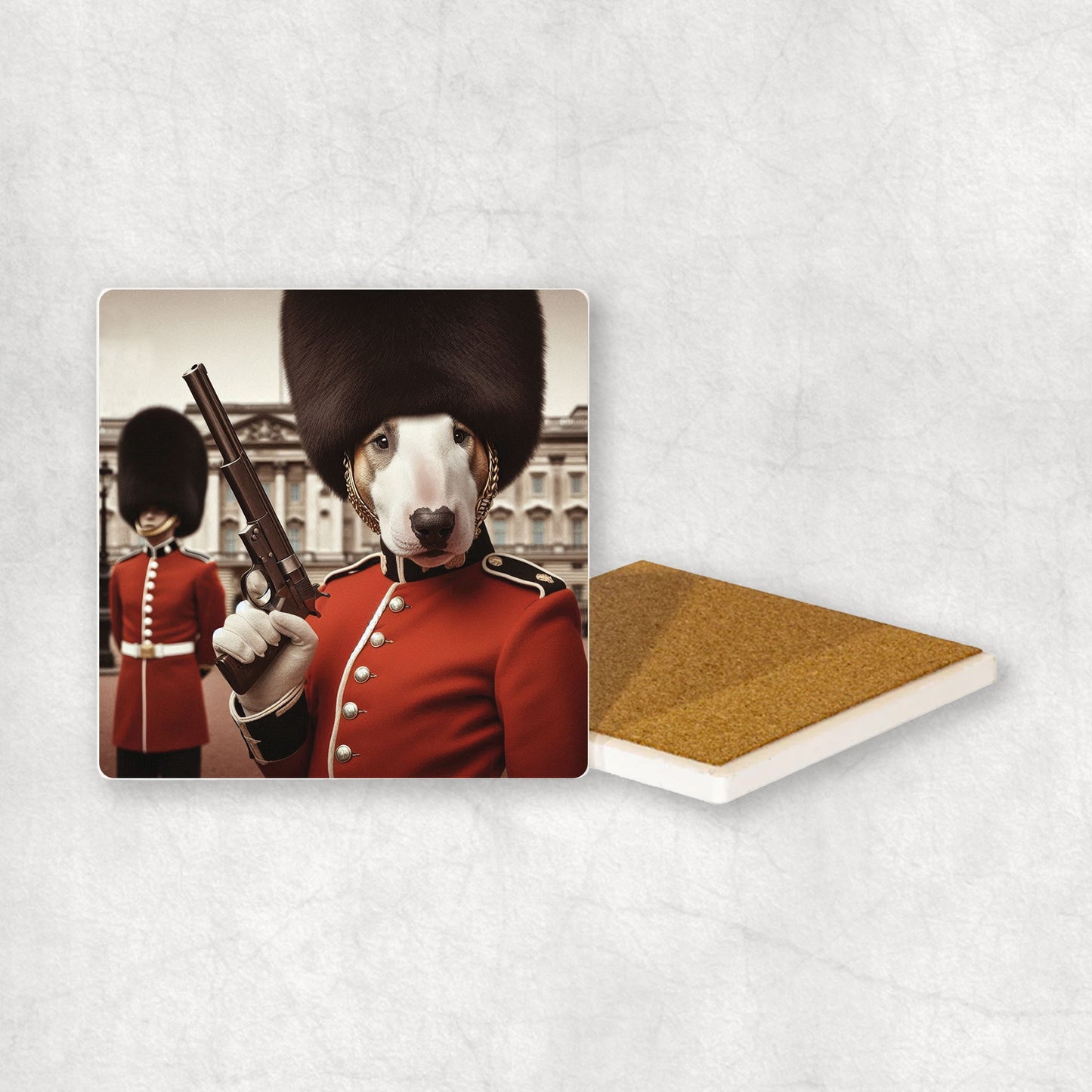 Ceramic Coaster gift with a Bull Terrier dog design, wearing British guard costume with Buckingham Palace in the background.