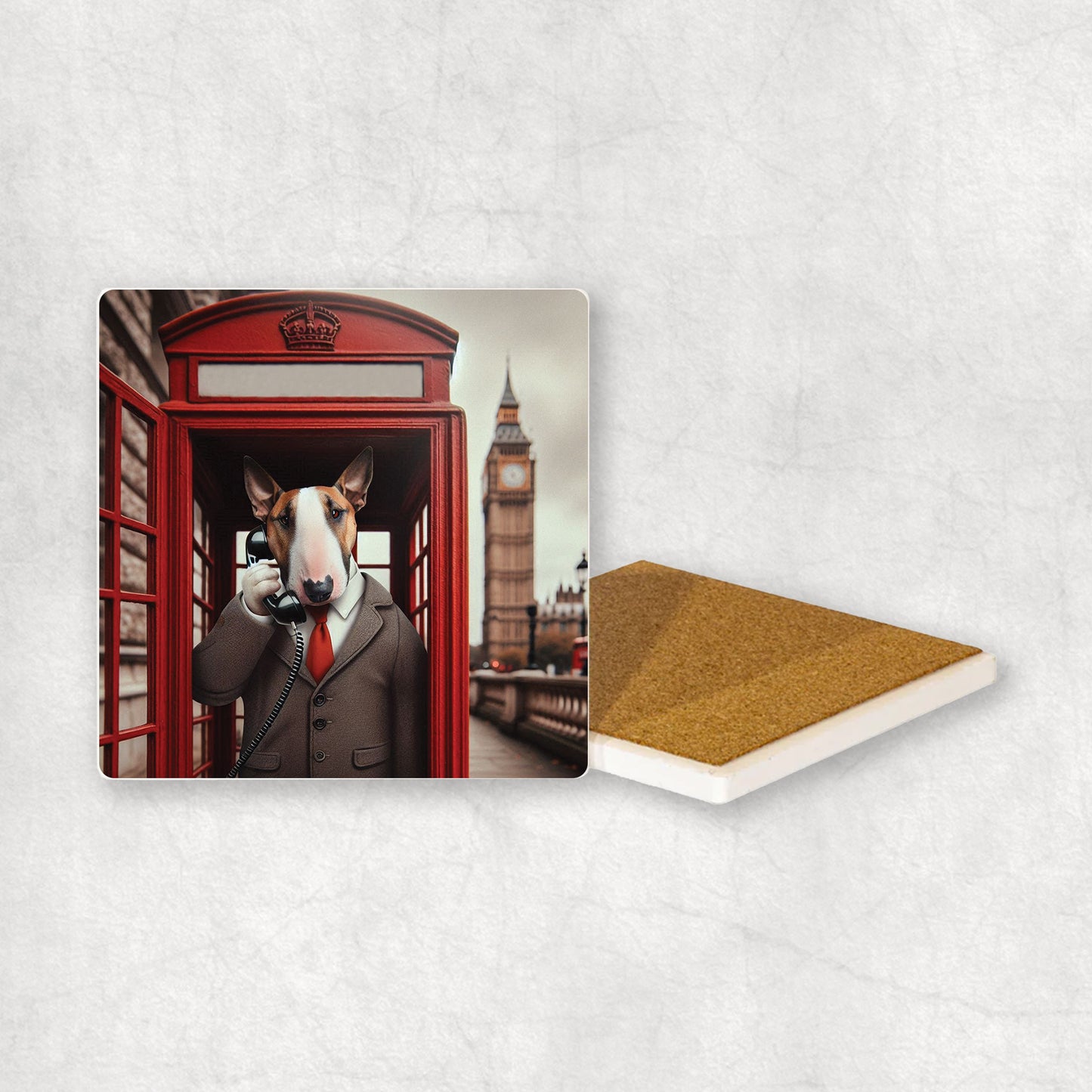 Ceramic coaster gift with a Bull Terrier dog design, wearing a suit, talks on the telephone in a red telephone booth in London with Big Ben in the background.