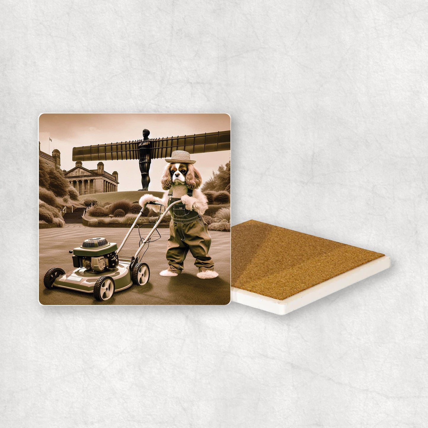 Ceramic coaster gift with a Cavalier dog design, dressed as a gardener, mowing the grass with a lawnmower, with the Angel of the North in the background.