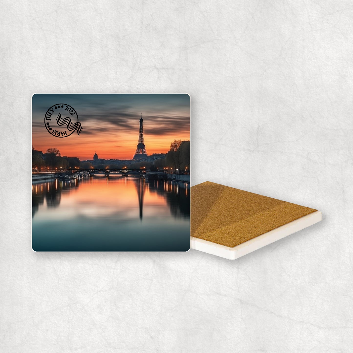 Personalised ceramic coaster with a custom black stamp with destination place and date.