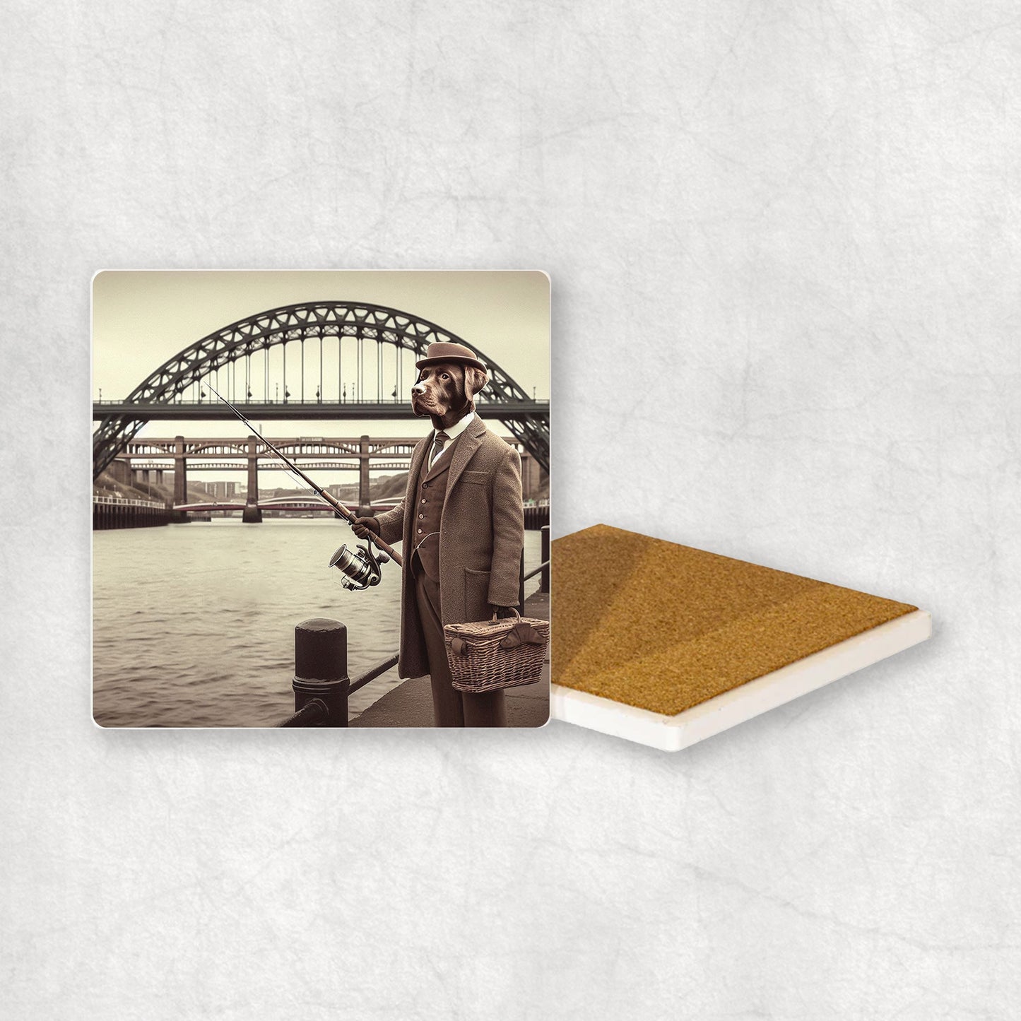 Ceramic Coaster gift with a Chocolate Labrador dog design, dressed in a suit, fishing in the Tyne river, with Newcastle bridges in the background.