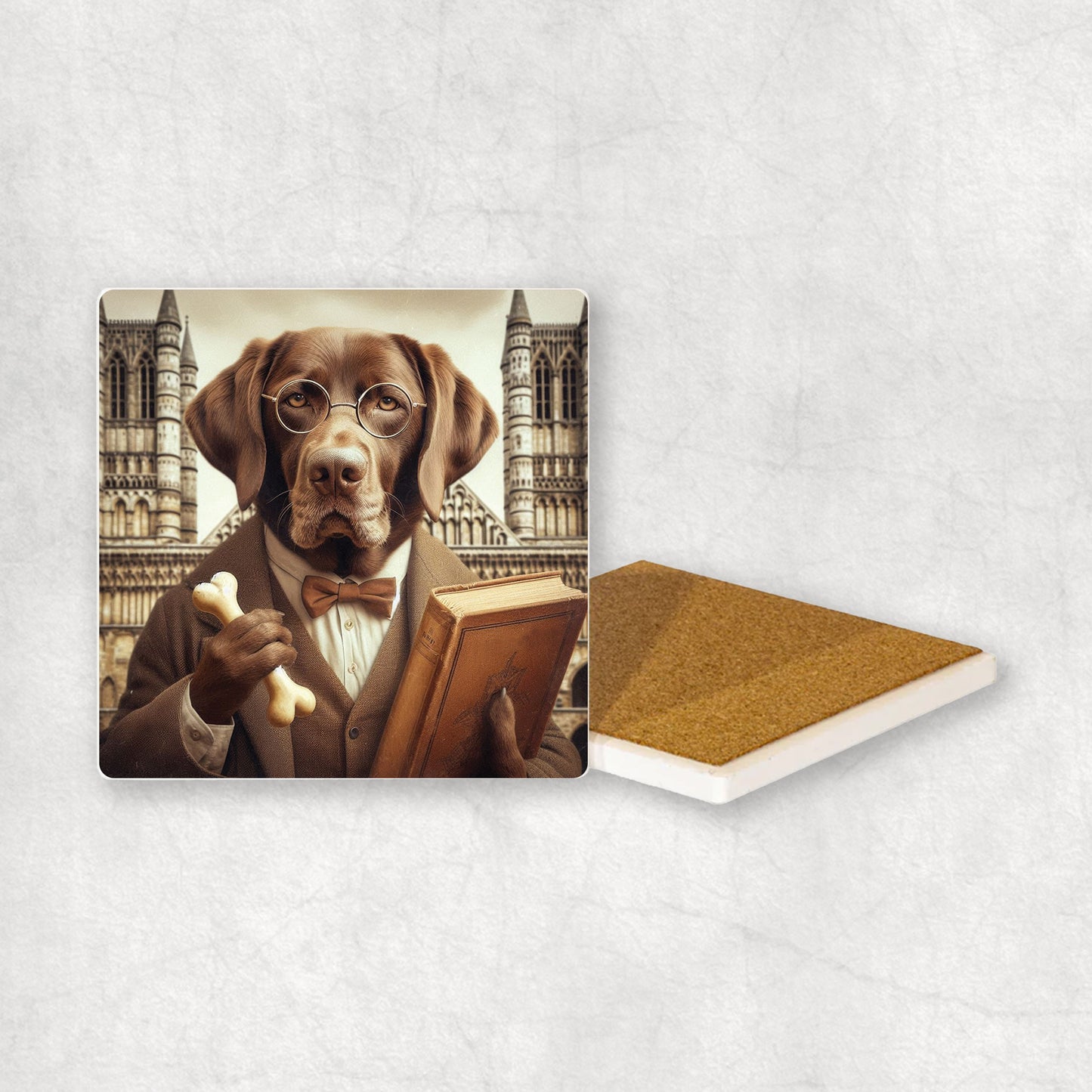 Ceramic Coaster gift with a Chocolate Labrador dog design wearing a student's gown, glasses, holding a bone and a book in its paws, with the university in the background.