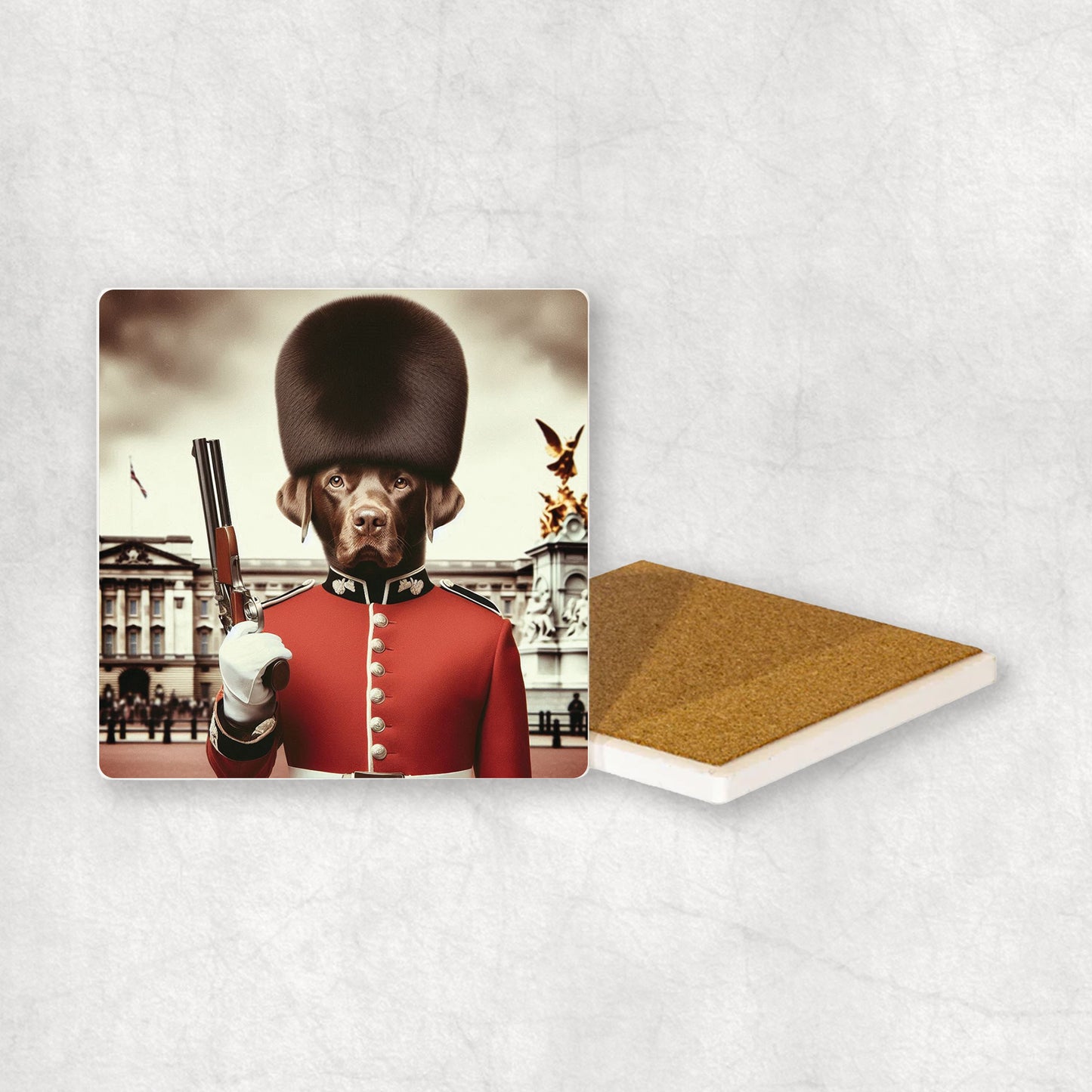 Ceramic Coaster gift with a Chocolate Labrador dog design, wearing British guard costume, holding a gun in its paws with Buckingham Palace in the background.