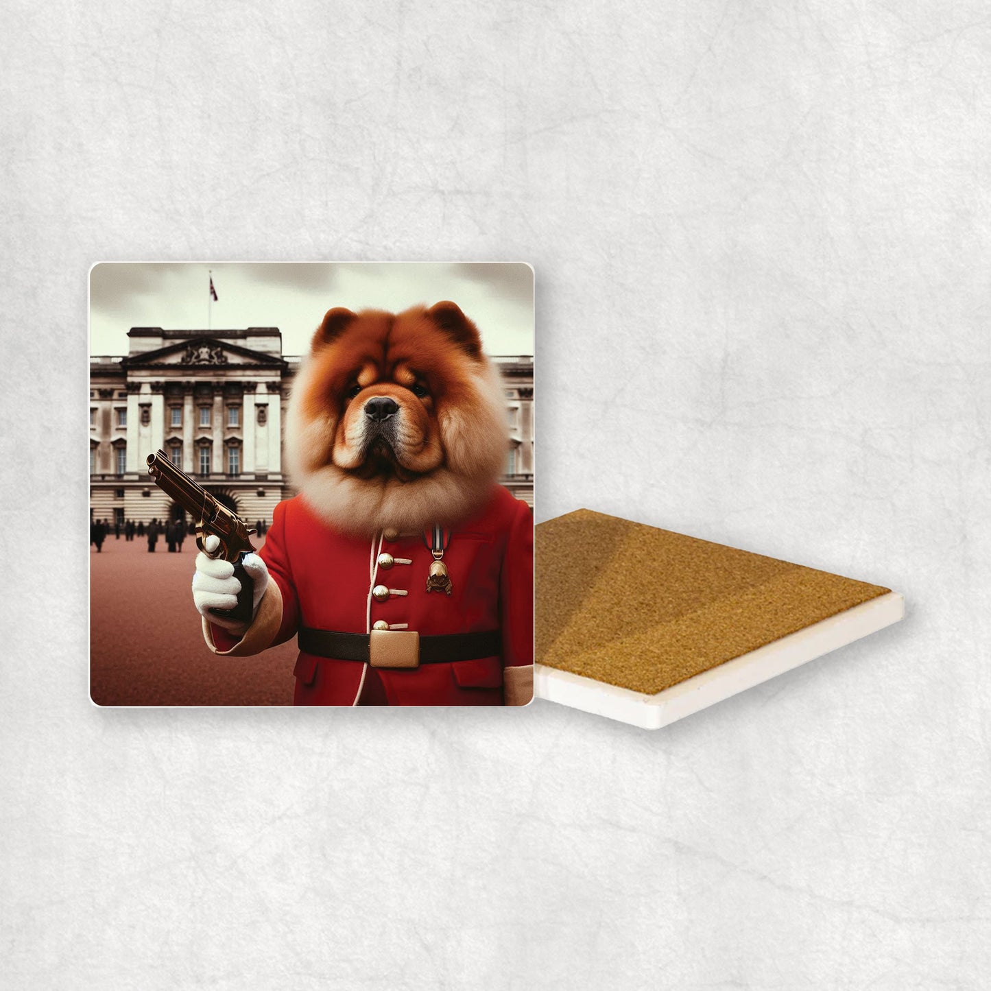 Ceramic Coaster gift with a Chow Chow dog design, wearing British guard costume with Buckingham Palace in the background.