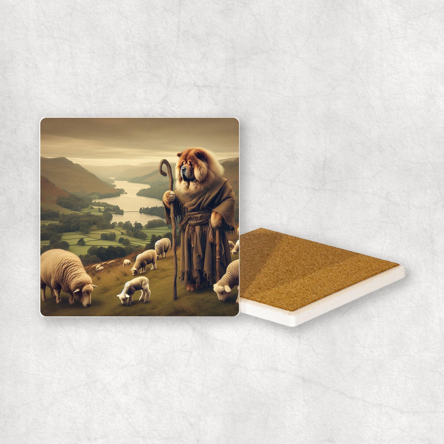 Ceramic Coaster gift with a Chow Chow dog design, looking like a shepherd, with sheep and the Lake District in the background.