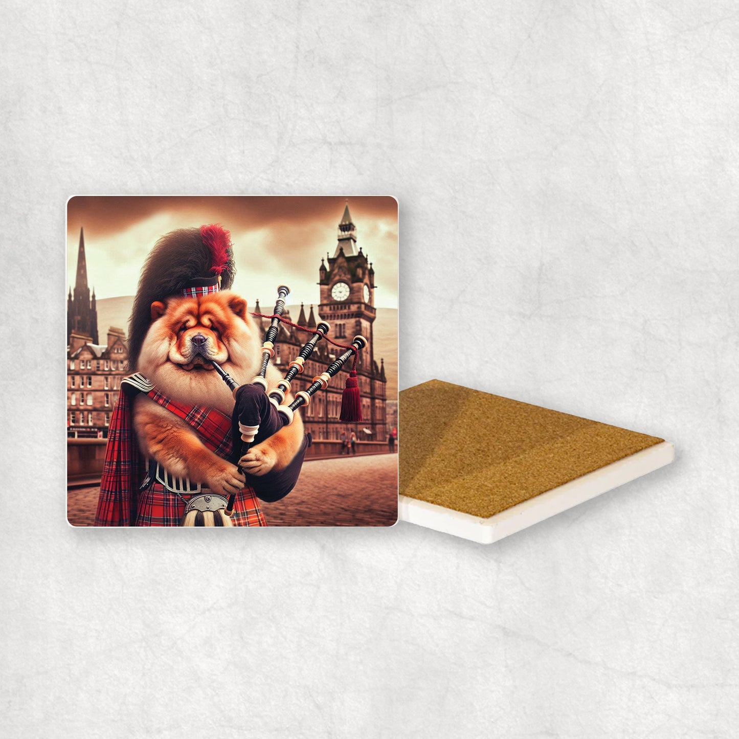 Ceramic Coaster gift with a Chow Chow dog design, dressed in traditional Scottish costume, playing the bagpipes, with Edinburgh in the background.