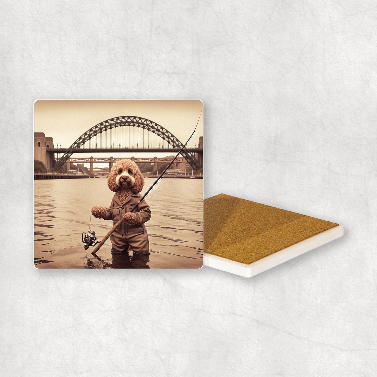 Ceramic Coaster gift with a Cockapoo dog design, dressed in an Angler costume, fishing in the Tyne river, with Newcastle bridges in the background.