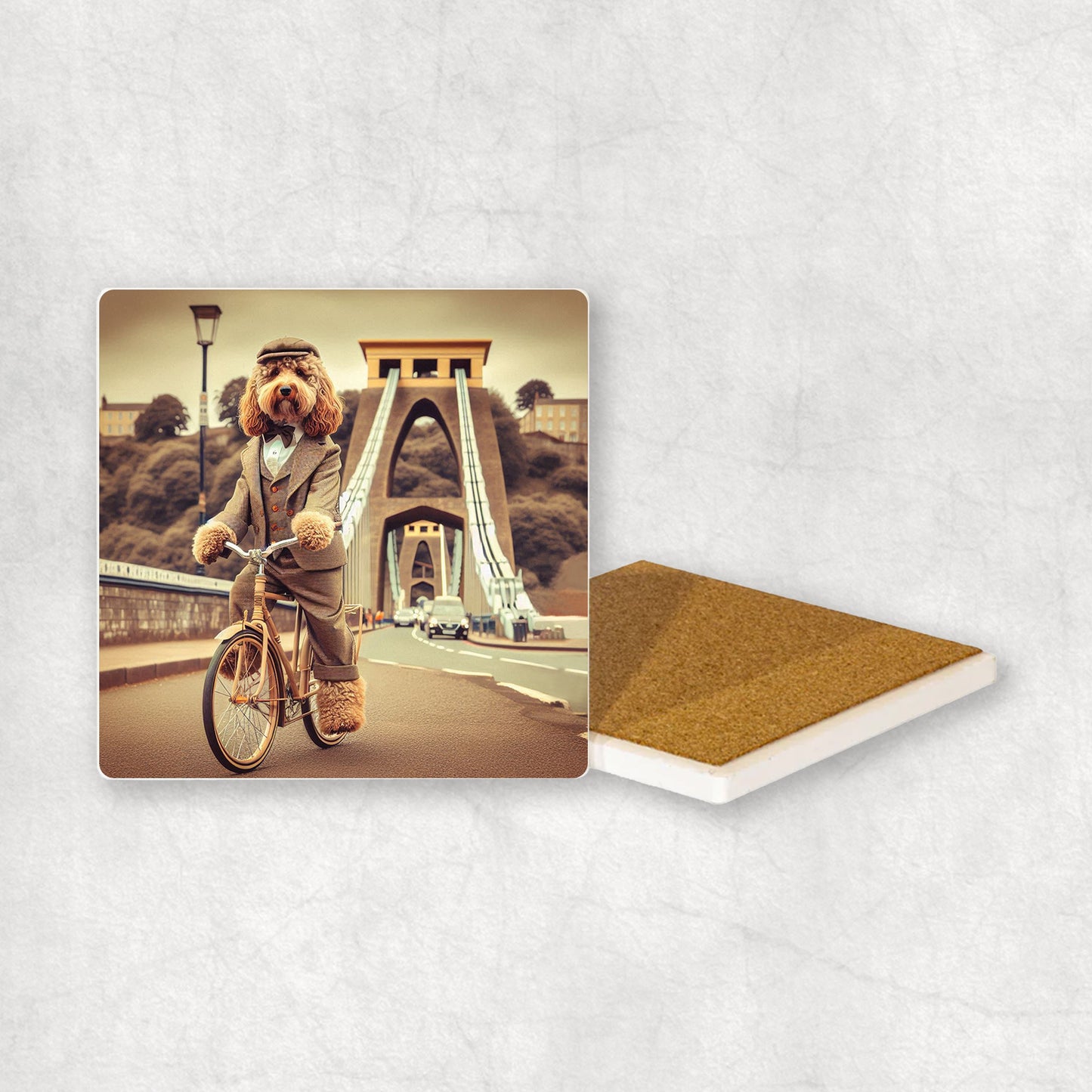 Ceramic coaster with a Cockapoo dog design, dressed in a suit, riding a bike on the Clifton Suspension Bridge.