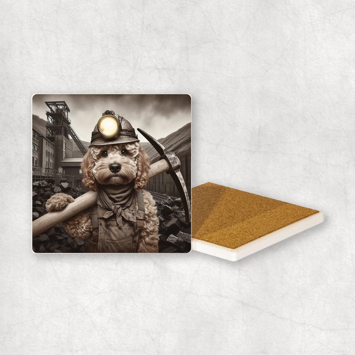 Ceramic Coaster gift with a Cockapoo dog design, dressed like a miner with a pickaxe in its paws, and a mine in the background.