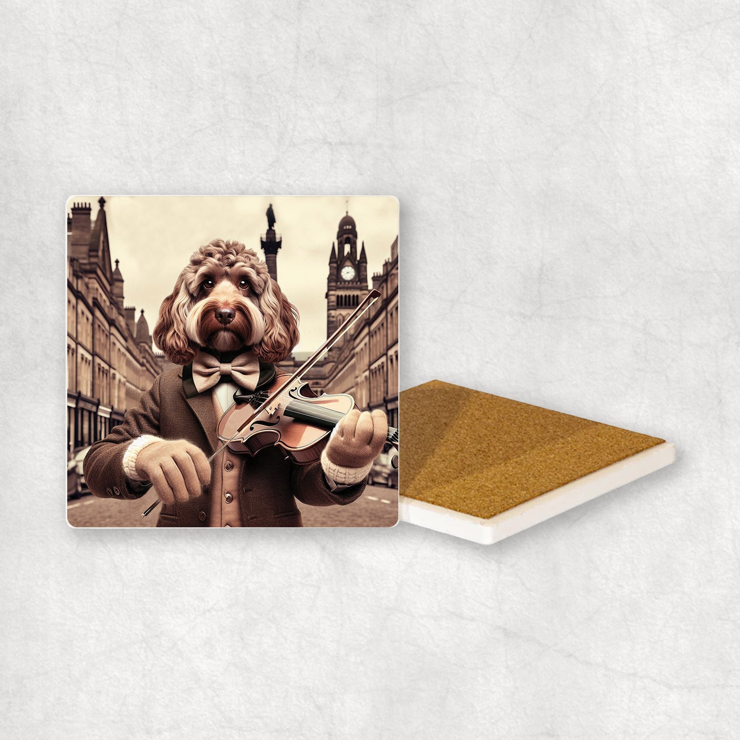 Ceramic coaster gift with a Cockapoo dog design, wearing a suit, playing the violin, with a beautiful city centre in the background.