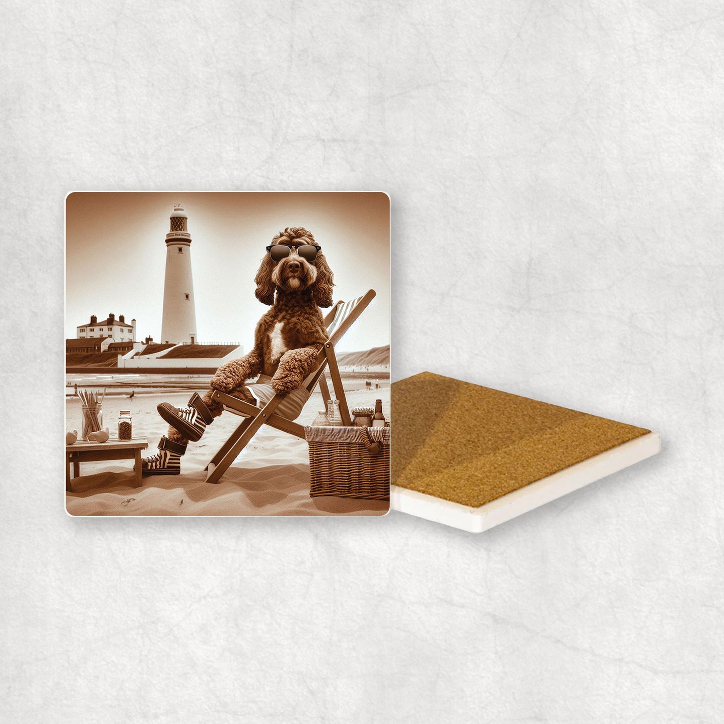 Ceramic Coaster gift with a Cockapoo dog design, wearing shorts, relaxes on a beach lounger at Whitley Bay with a lighthouse in the background.