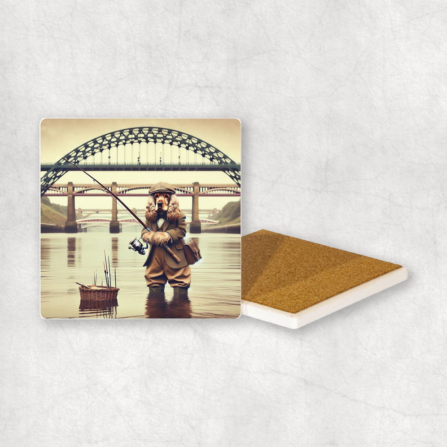 Ceramic Coaster gift with a Cocker Spaniel dog design, dressed in an Angler costume, fishing in the Tyne river, with Newcastle bridges in the background.