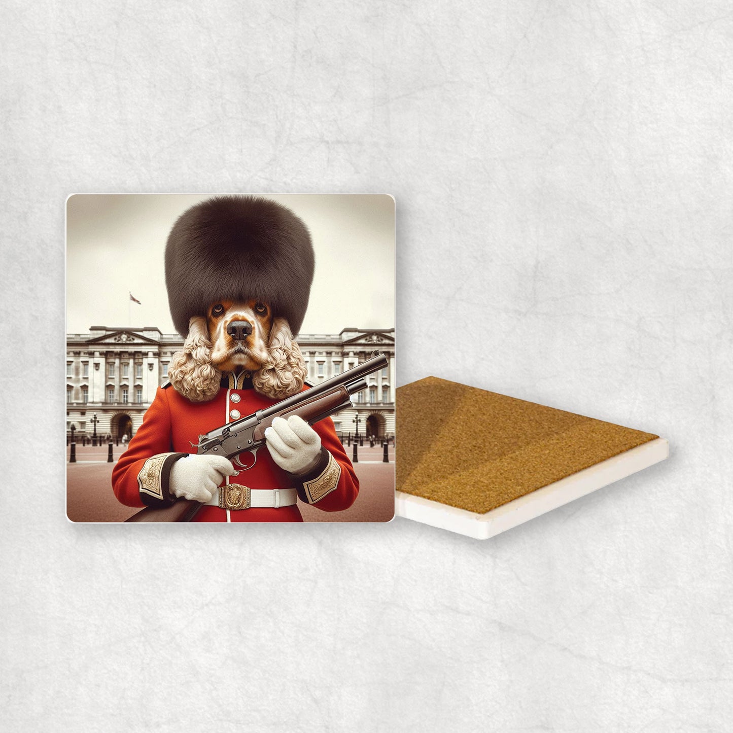 Ceramic Coaster gift with a Cocker Spaniel dog design, wearing British guard costume and holding a gun, with Buckingham Palace in the background.