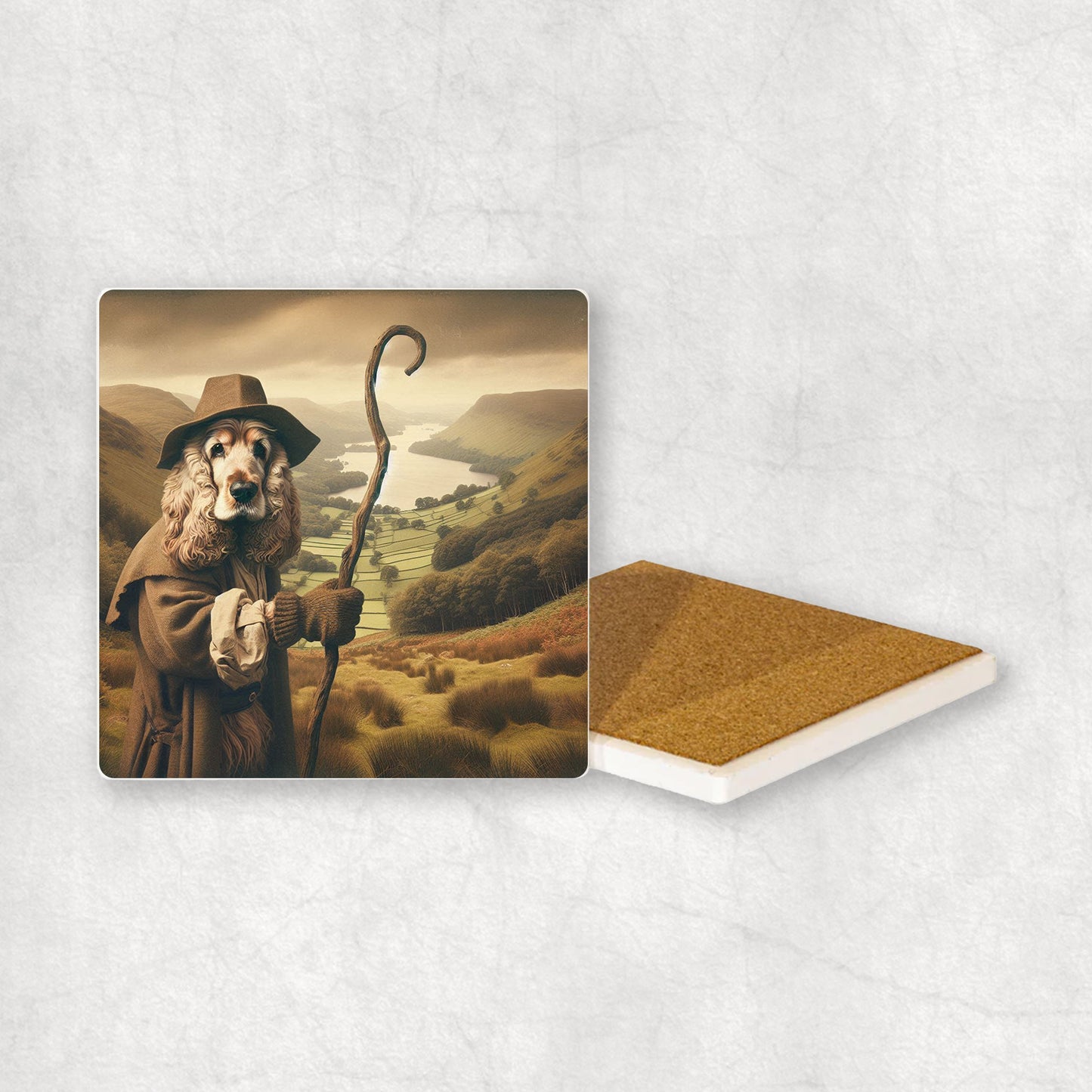 Ceramic Coaster gift with a Cocker Spaniel dog design, looking like a shepherd, with sheep and the Lake District in the background.