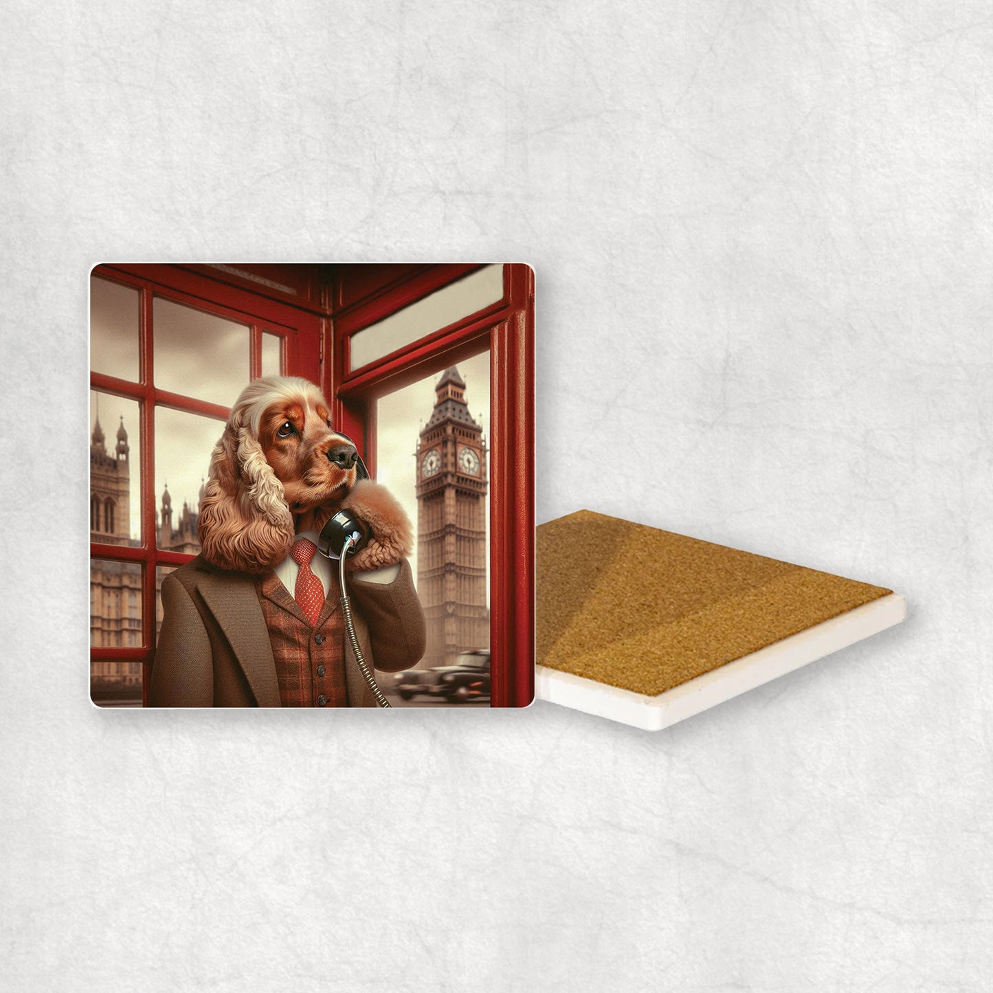 Ceramic coaster gift with a Cocker Spaniel dog design, wearing a suit, talks on the phone in a red telephone booth in London with Big Ben in the background.