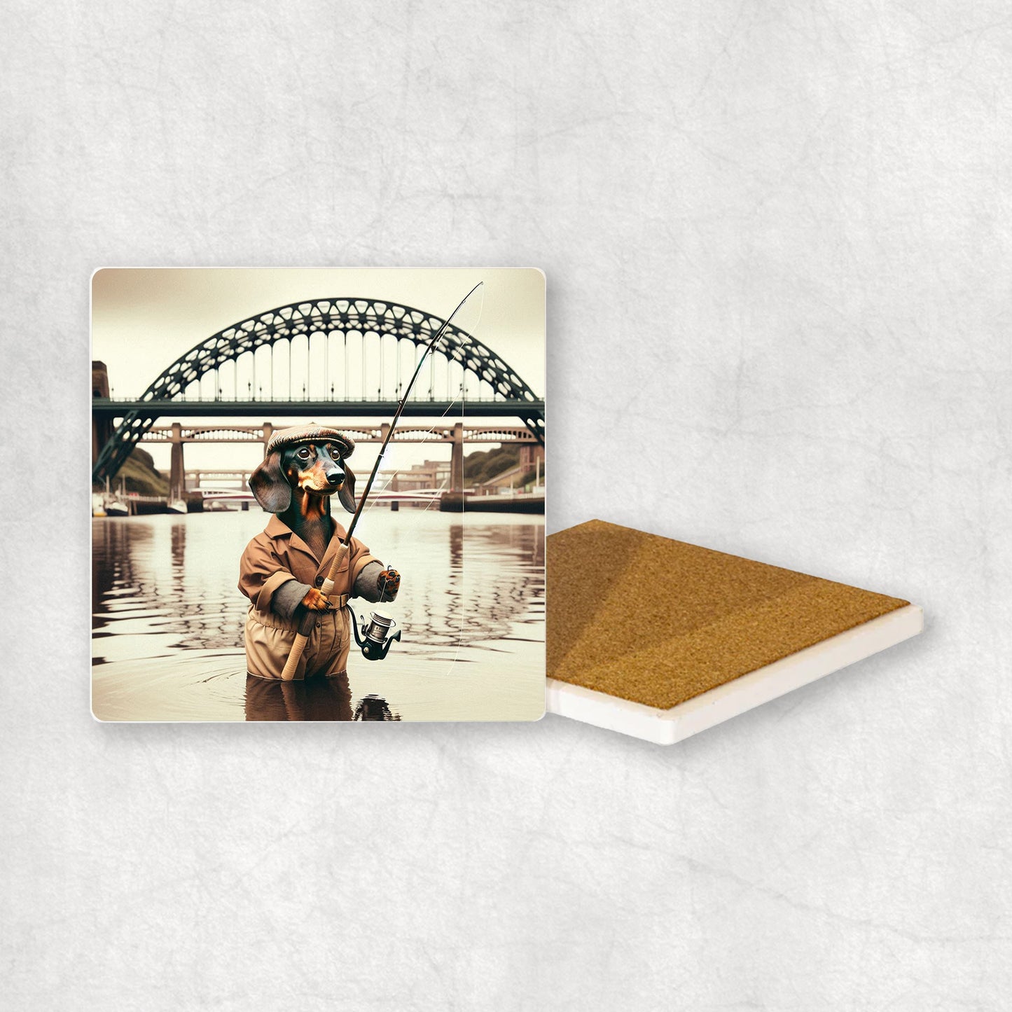 Ceramic Coaster gift with a Dachshund dog design, dressed in an Angler costume, fishing in the Tyne river, with Newcastle bridges in the background.