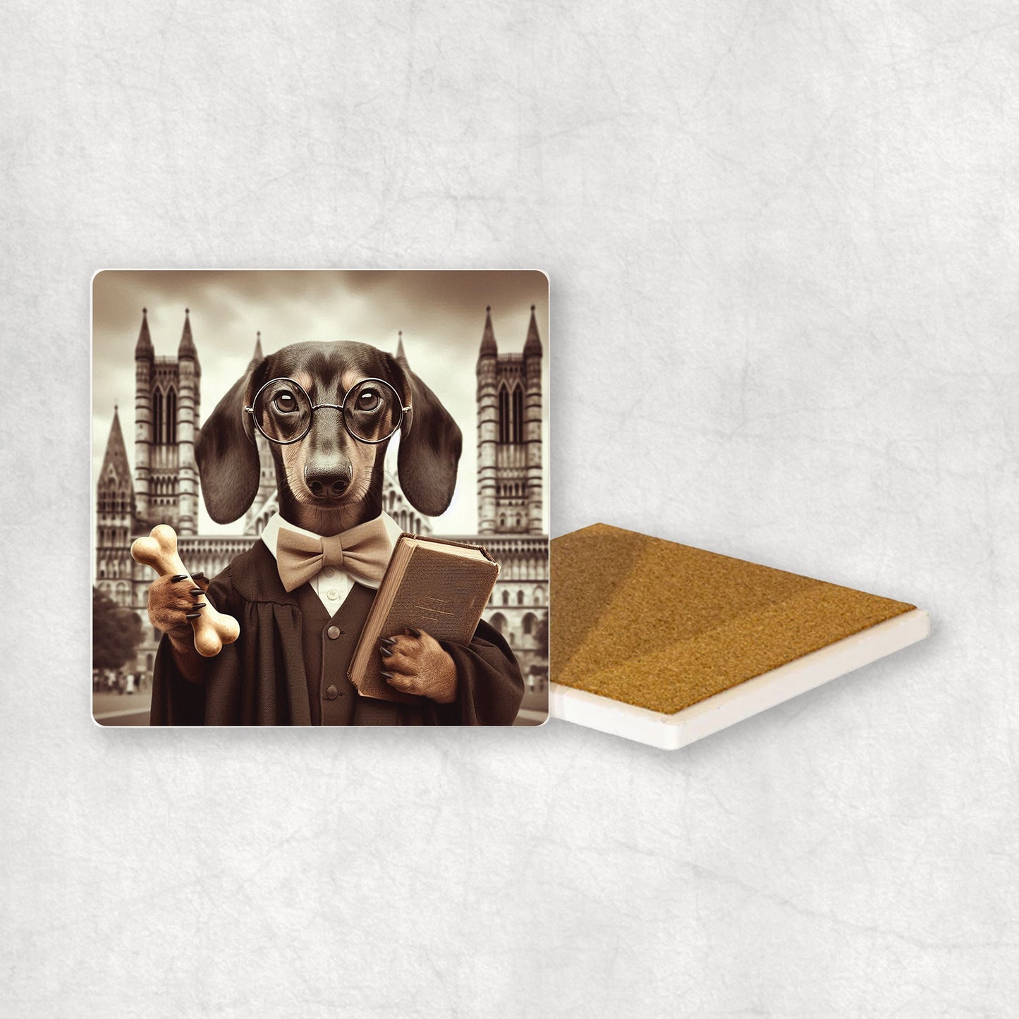 Ceramic Coaster gift with a Dachshund dog design wearing a student's gown, glasses, holding a bone in its paw, with the university in the background.