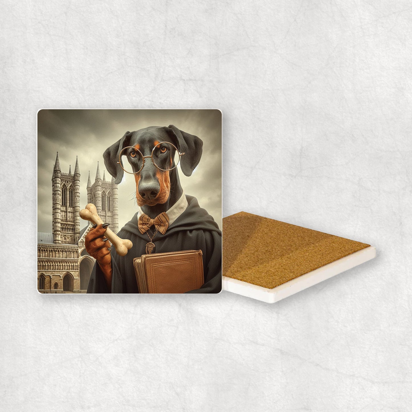 Ceramic Coaster gift with a Dobermann dog design wearing a student's gown, glasses, and holding a bone in its paw, with the university in the background.