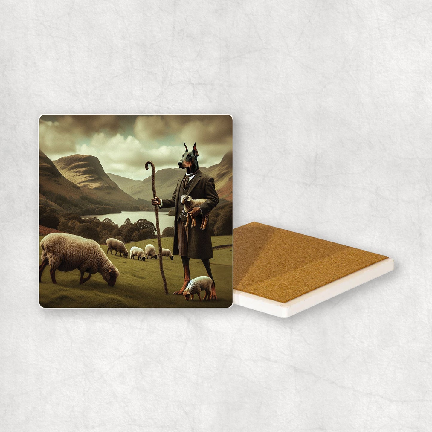 Ceramic Coaster gift with a Border Collie dog design, looking like a shepherd, with sheep and the Lake District in the background.