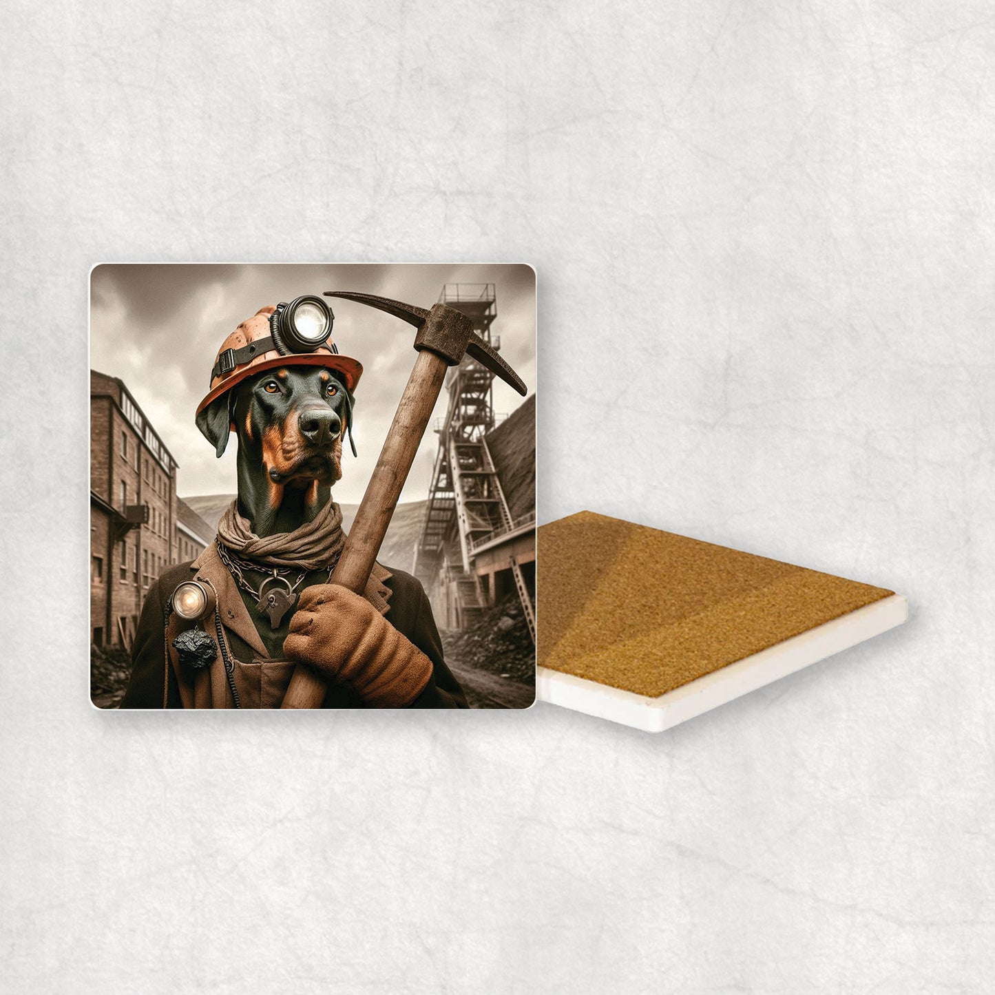 Ceramic Coaster gift with a Dobermann dog design, dressed like a miner with a pickaxe in its paw, with a mine in the background.