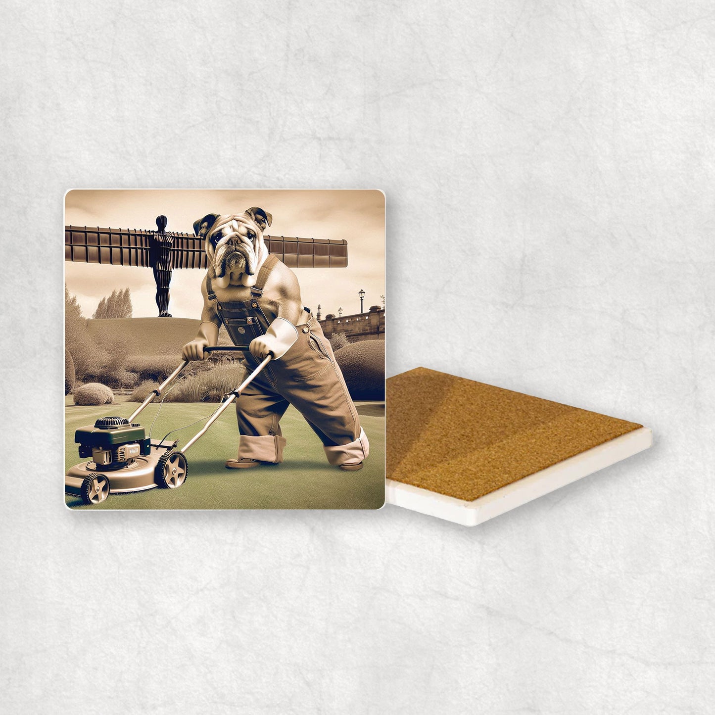 Ceramic coaster with a English Bulldog dog design, dressed as a gardener, mowing the grass with a lawnmower, with the Angel of the North in the background.