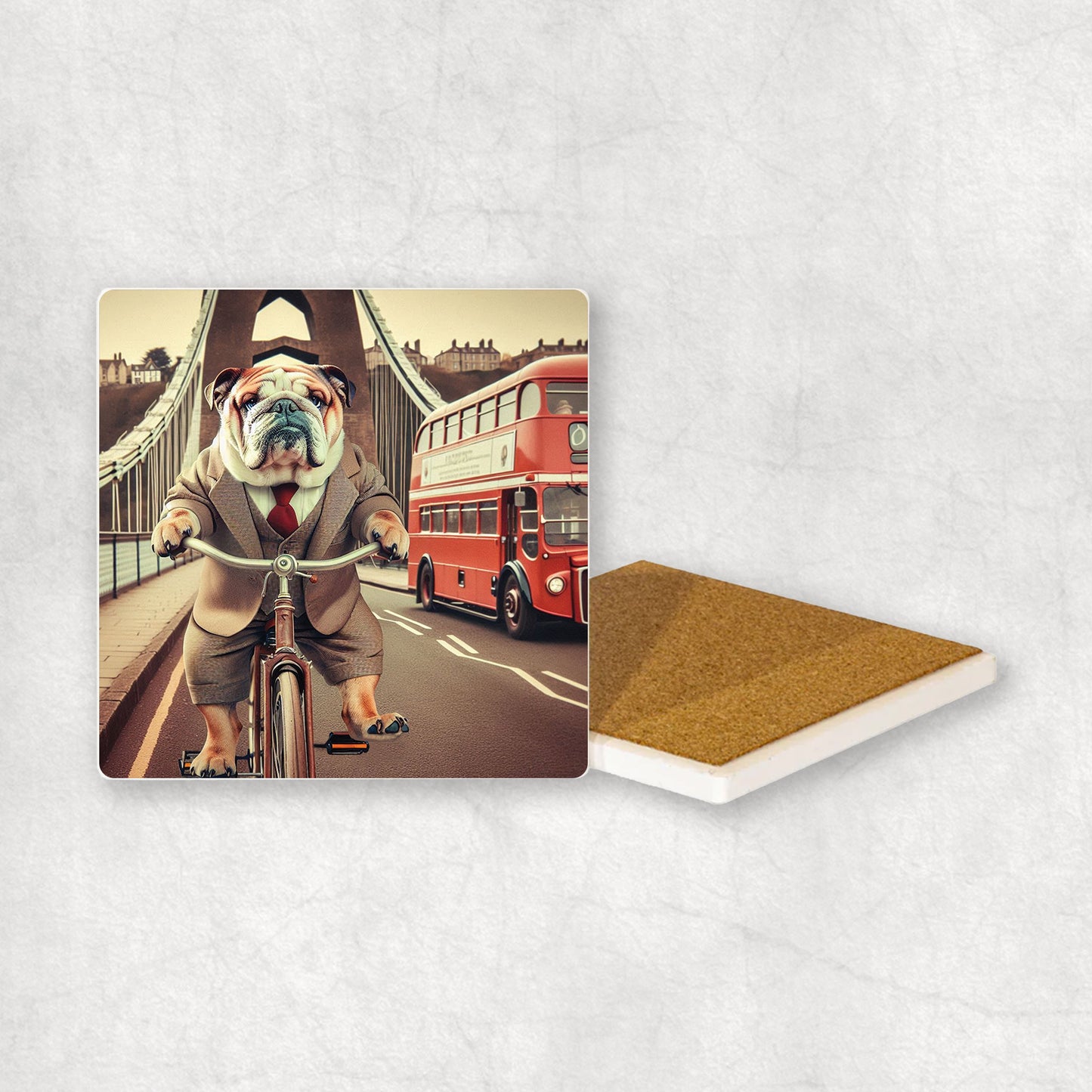 Ceramic coaster with a English Bulldog dog design, dressed in a suit, riding a bike on the Clifton Suspension Bridge.