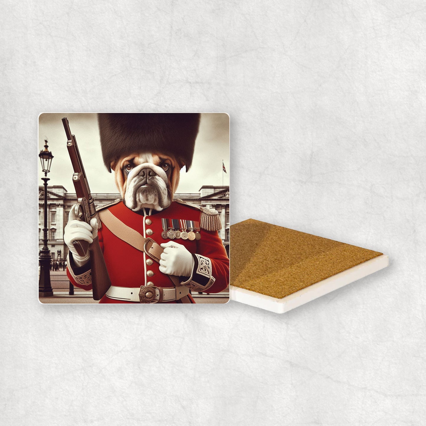Ceramic Coaster gift with a English Bulldog dog design, wearing British guard costume, holding a gun, with Buckingham Palace in the background.
