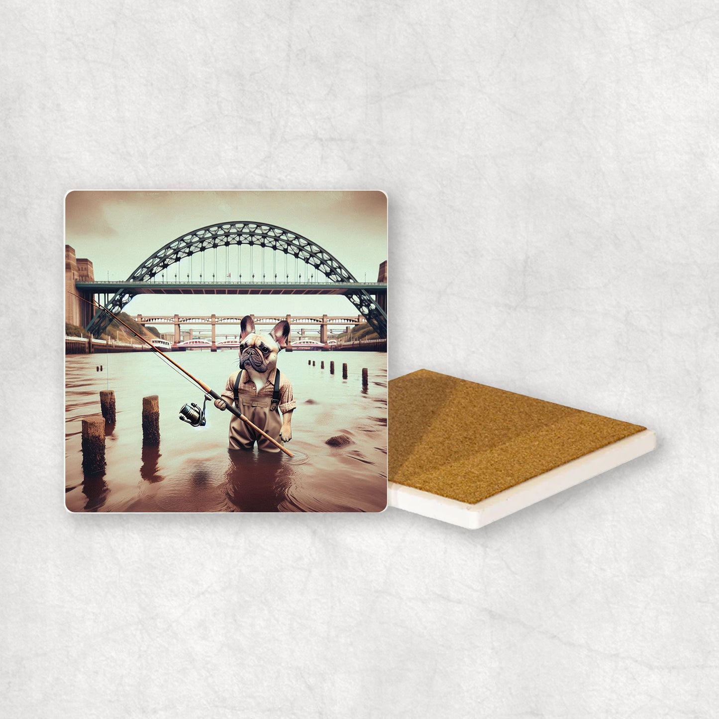 Ceramic Coaster gift with a French Bulldog dog design, dressed in an Angler costume, fishing in the Tyne river, with Newcastle bridges in the background.