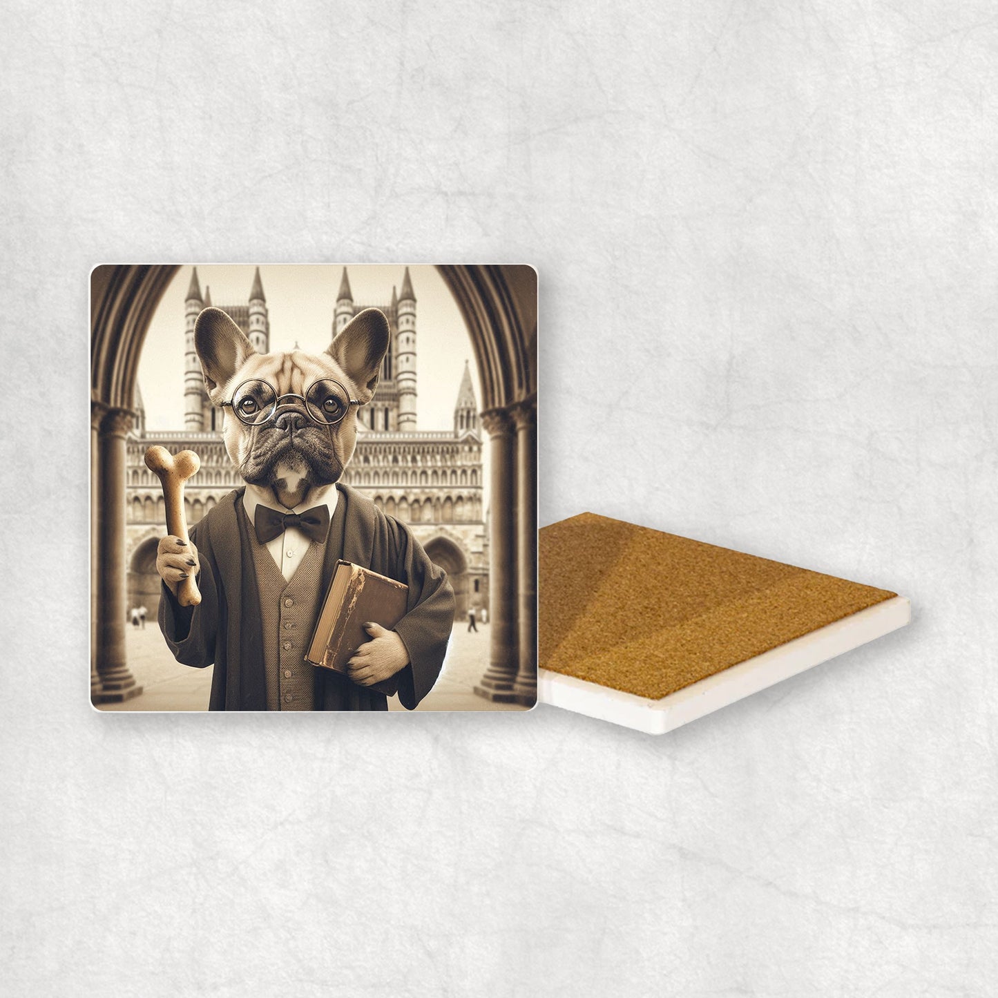 Ceramic Coaster gift with a French Bulldog dog design wearing a student's gown, glasses, holding a bone and a book in its paws, with the university in the background.