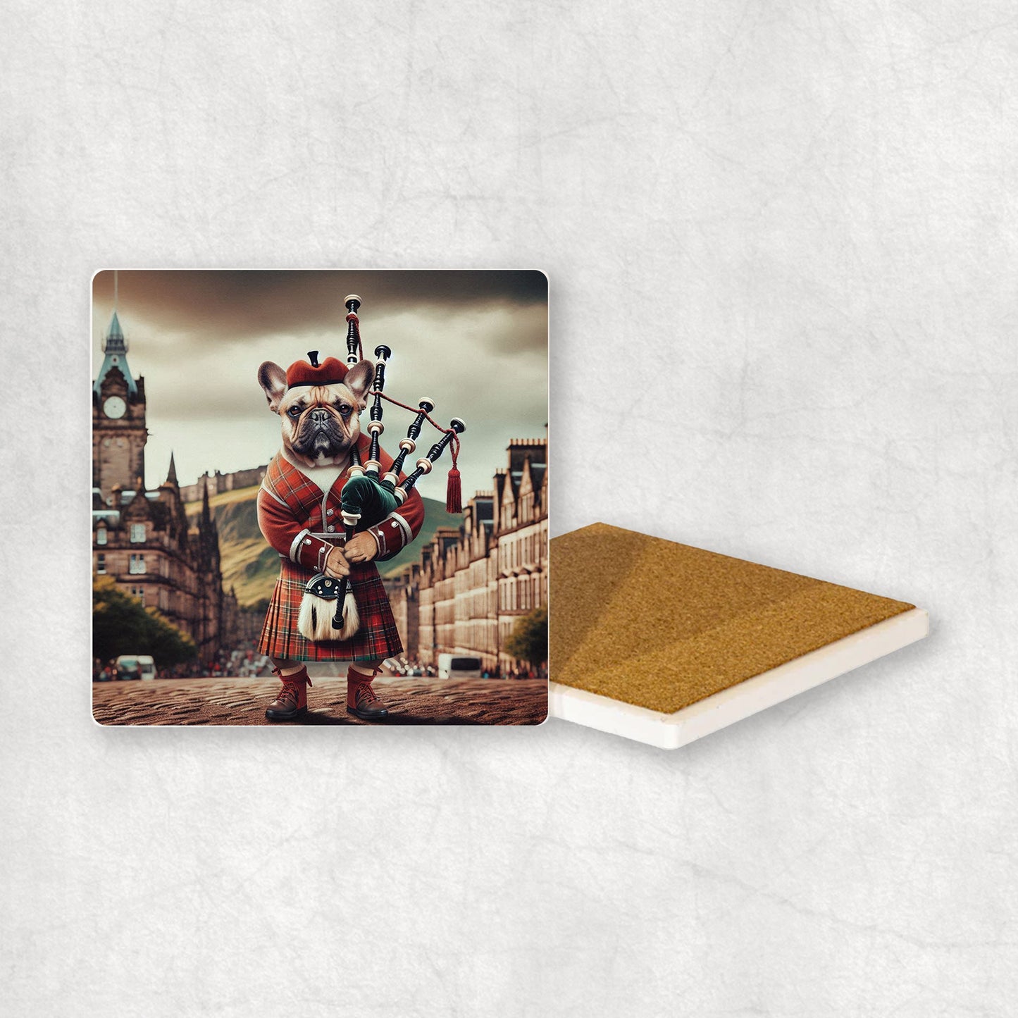 Ceramic Coaster gift with a French Bulldog dog design, dressed in traditional Scottish costume, playing the bagpipes, with Edinburgh in the background.