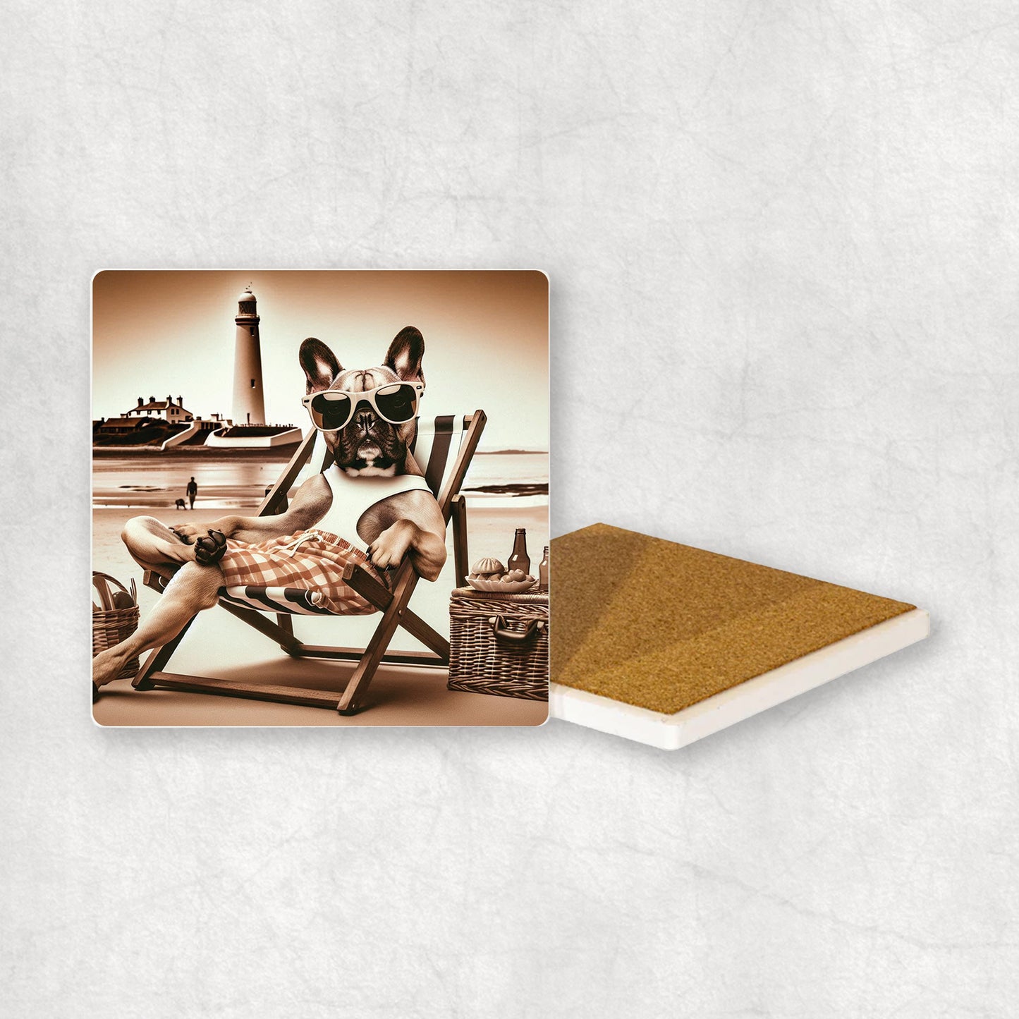 Ceramic Coaster gift with a French Bulldog dog design, wearing shorts, relaxes on a beach lounger at Whitley Bay with a lighthouse in the background.