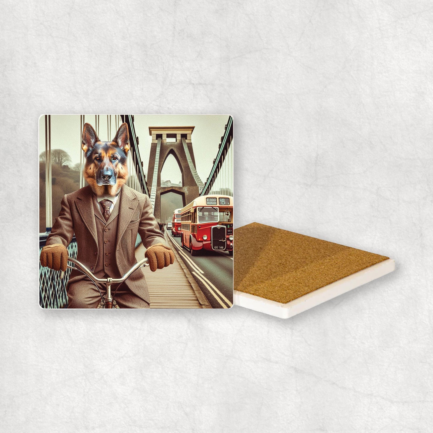 Ceramic coaster with a German Shepherd dog design, dressed in a suit, riding a bike on the Clifton Suspension Bridge.
