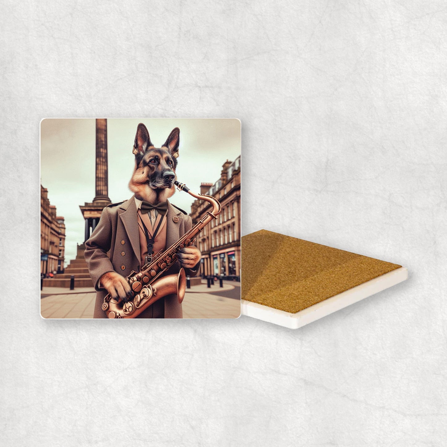 Ceramic Coaster gift with a German Shepherd dog design, dressed in an elegant suit, playing the saxophone, with a beautiful city centre in the background.