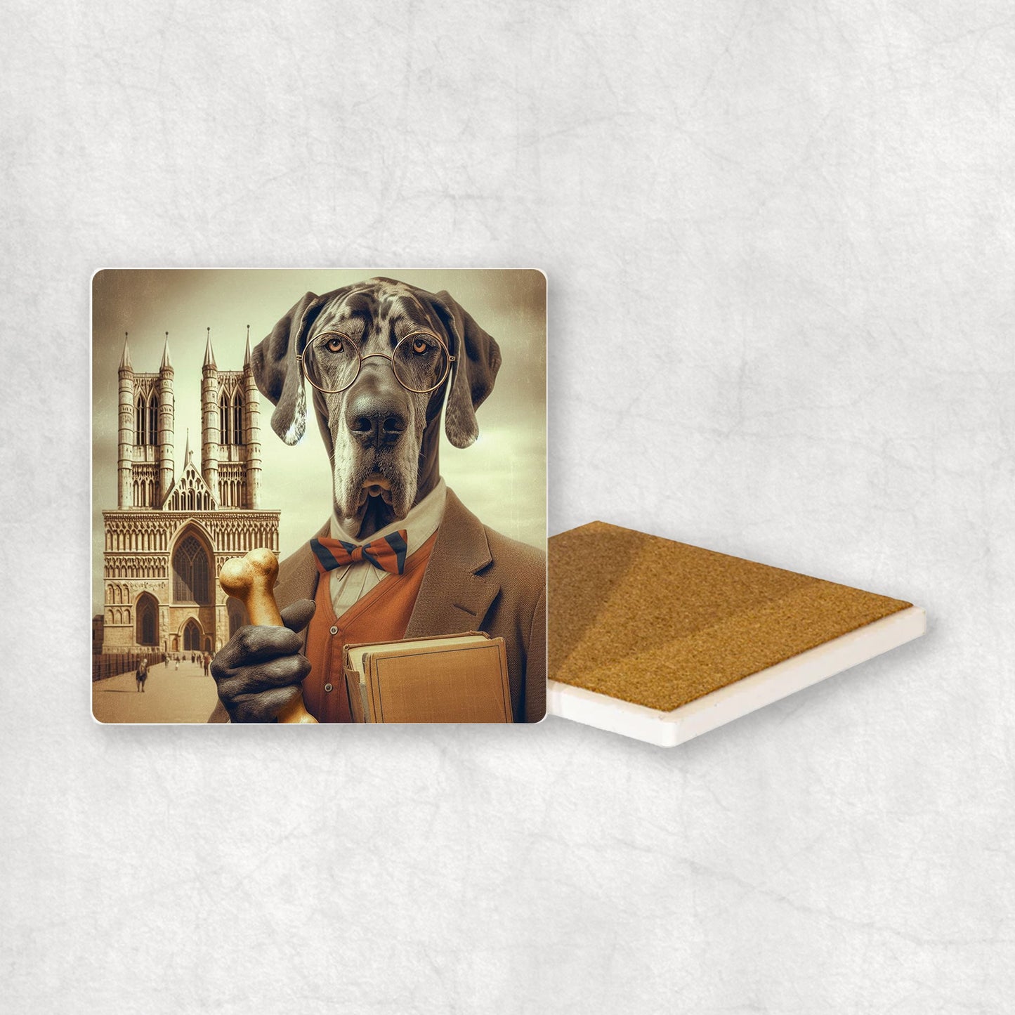 Ceramic Coaster gift with a Great Dane dog design wearing a student's gown, glasses,
holding a bone and a book in its paws, with the university in the background.